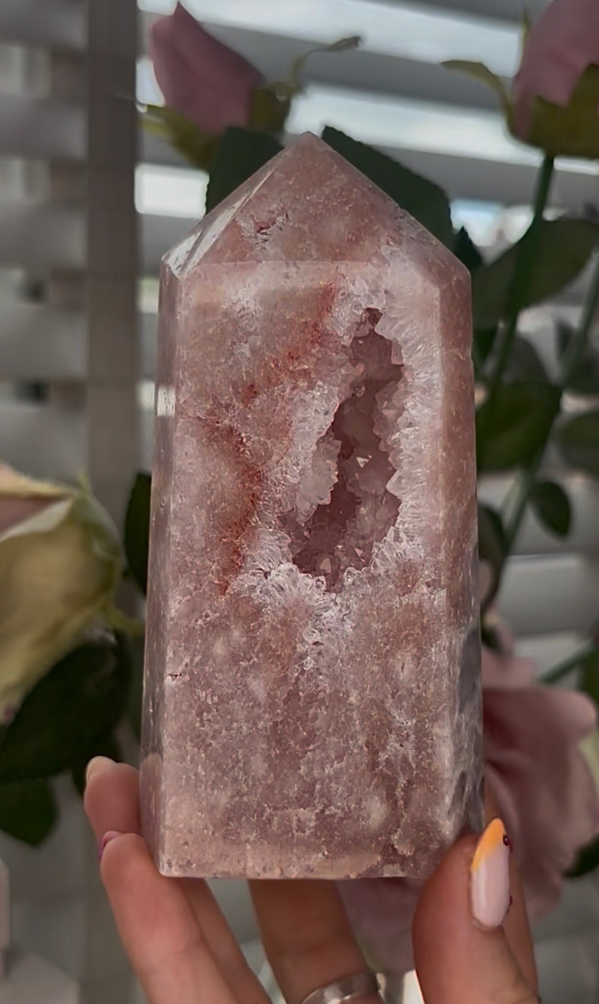 Pretty, Pink amethyst tower, with quartz druzy