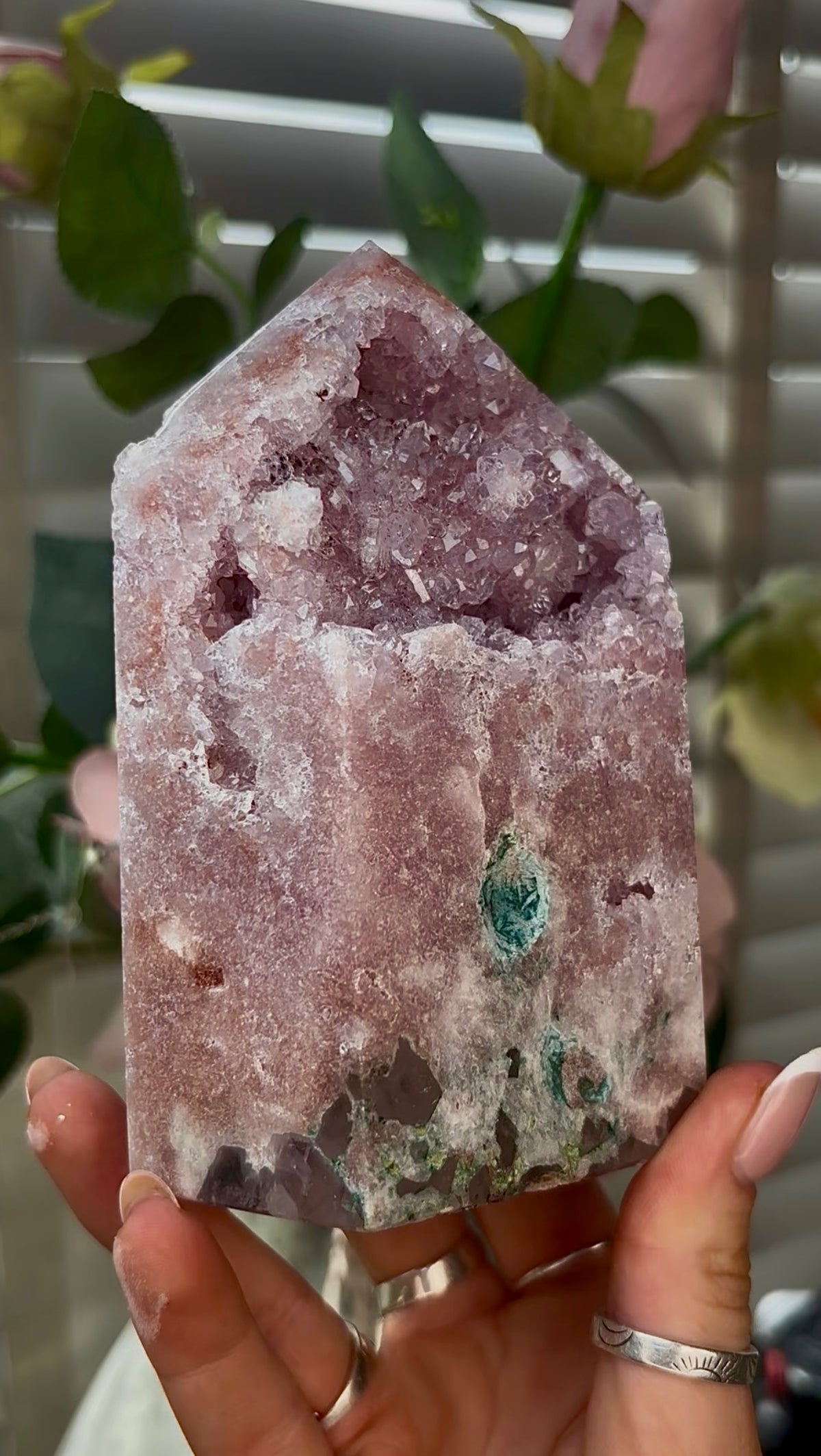 Beautiful, hq, druzy, chunky Pink amethyst tower 12.7cm(h) by 8.2cm(w)