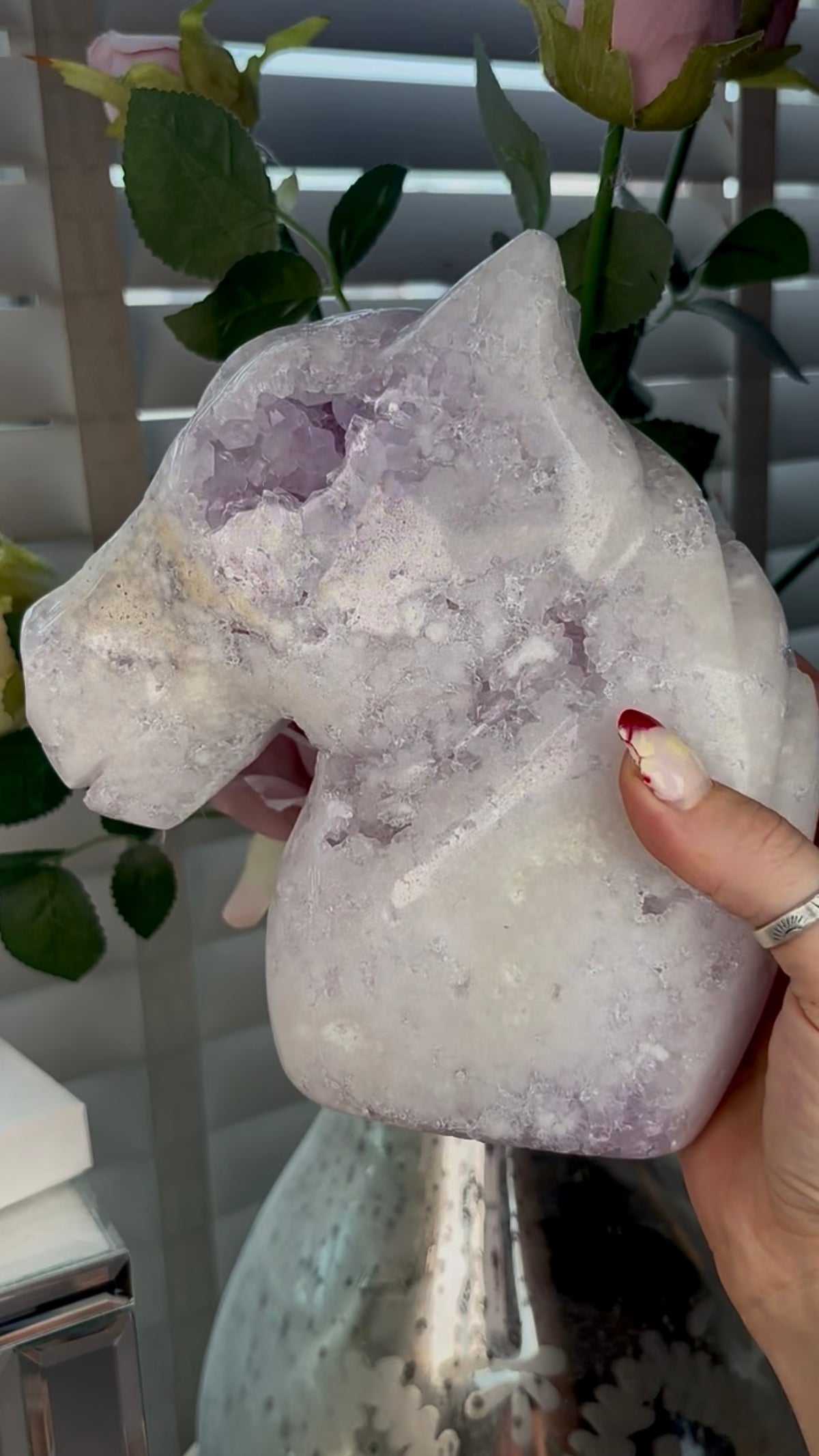 High grade, large, pink amethyst horse carving
