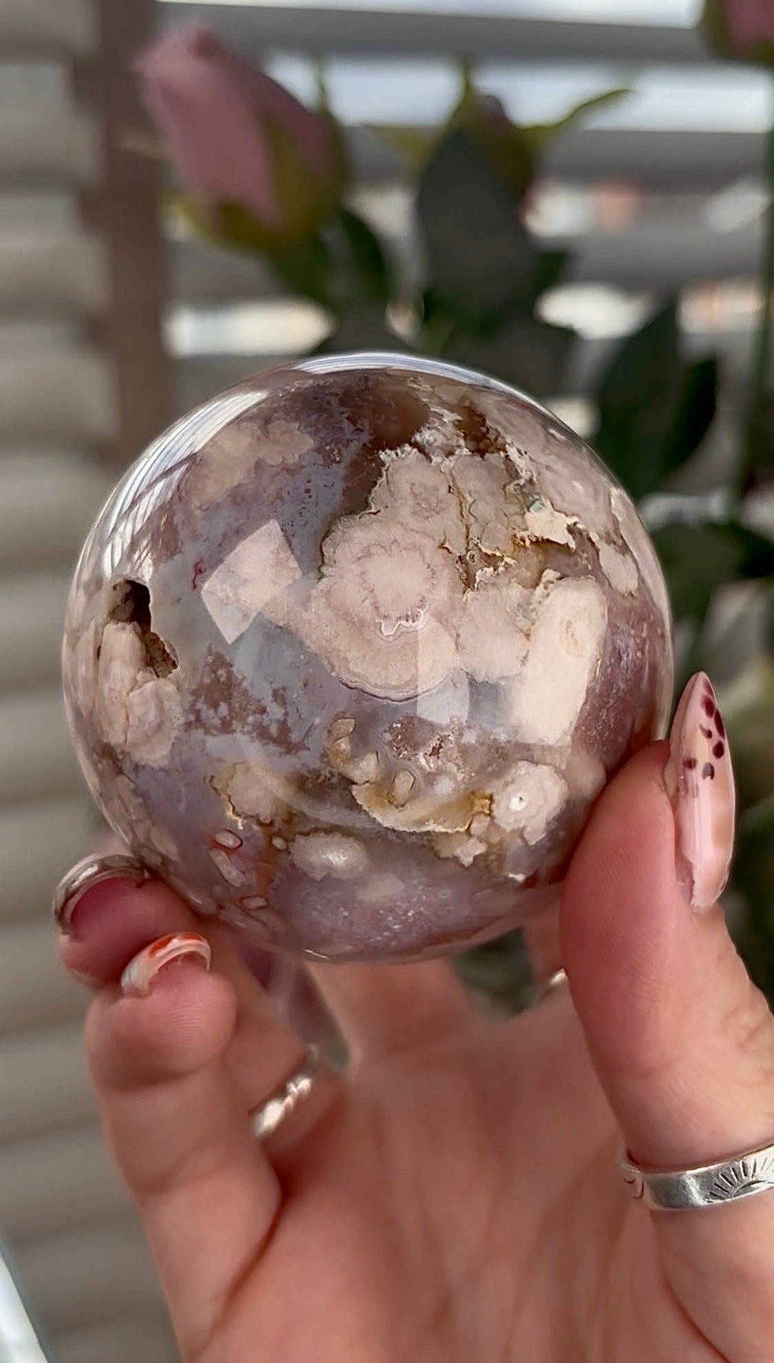High grade, amethyst Flower agate sphere with high clarity quartz