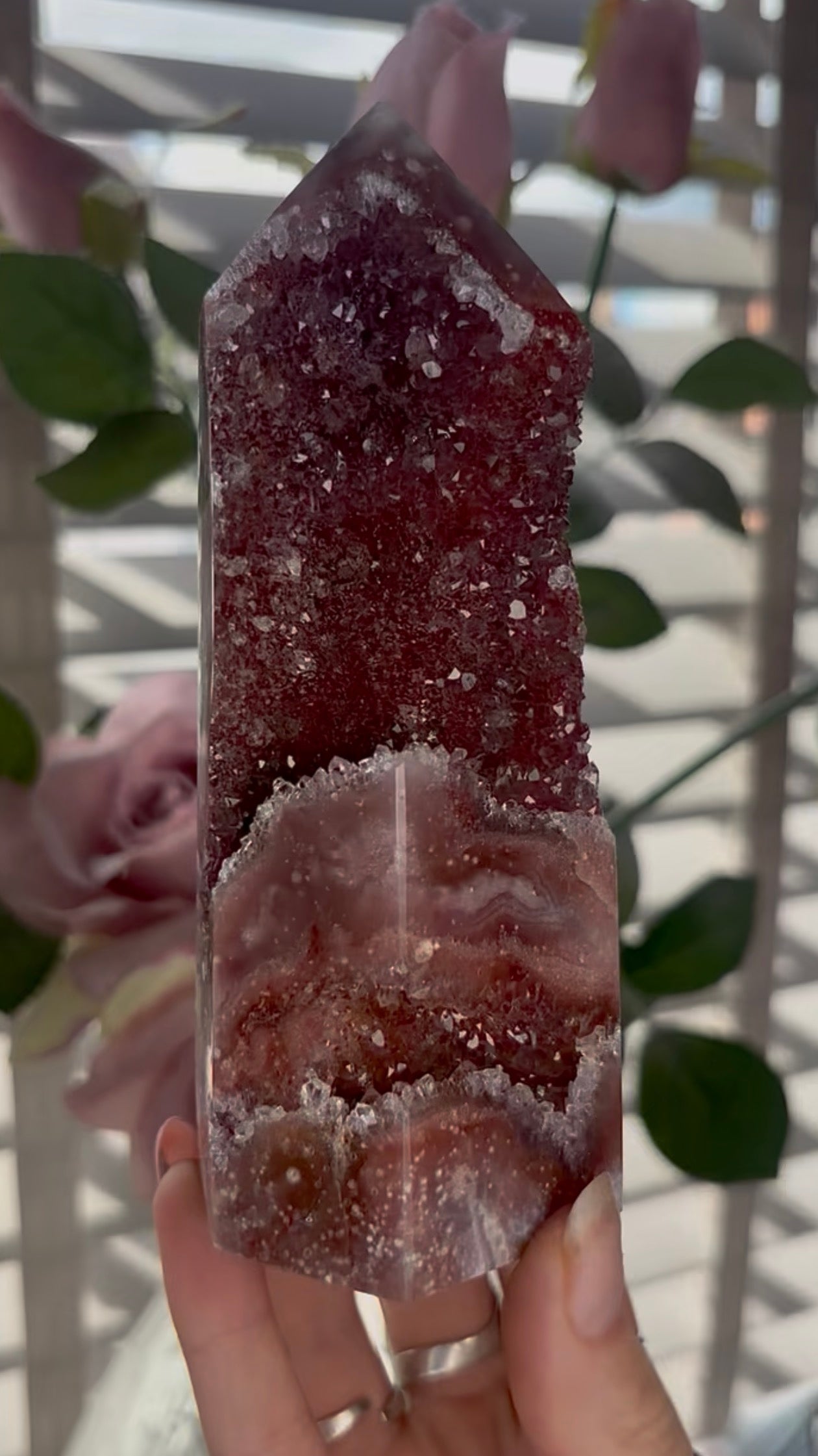 Incredible, high quality, Pink amethyst tower in red tones with sugar druzy