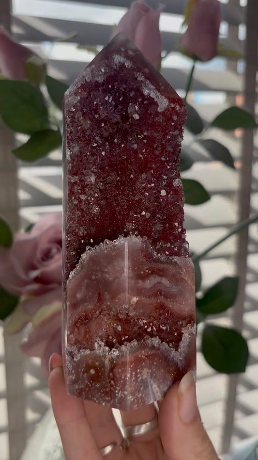 Incredible, high quality, Pink amethyst tower in red tones with sugar druzy