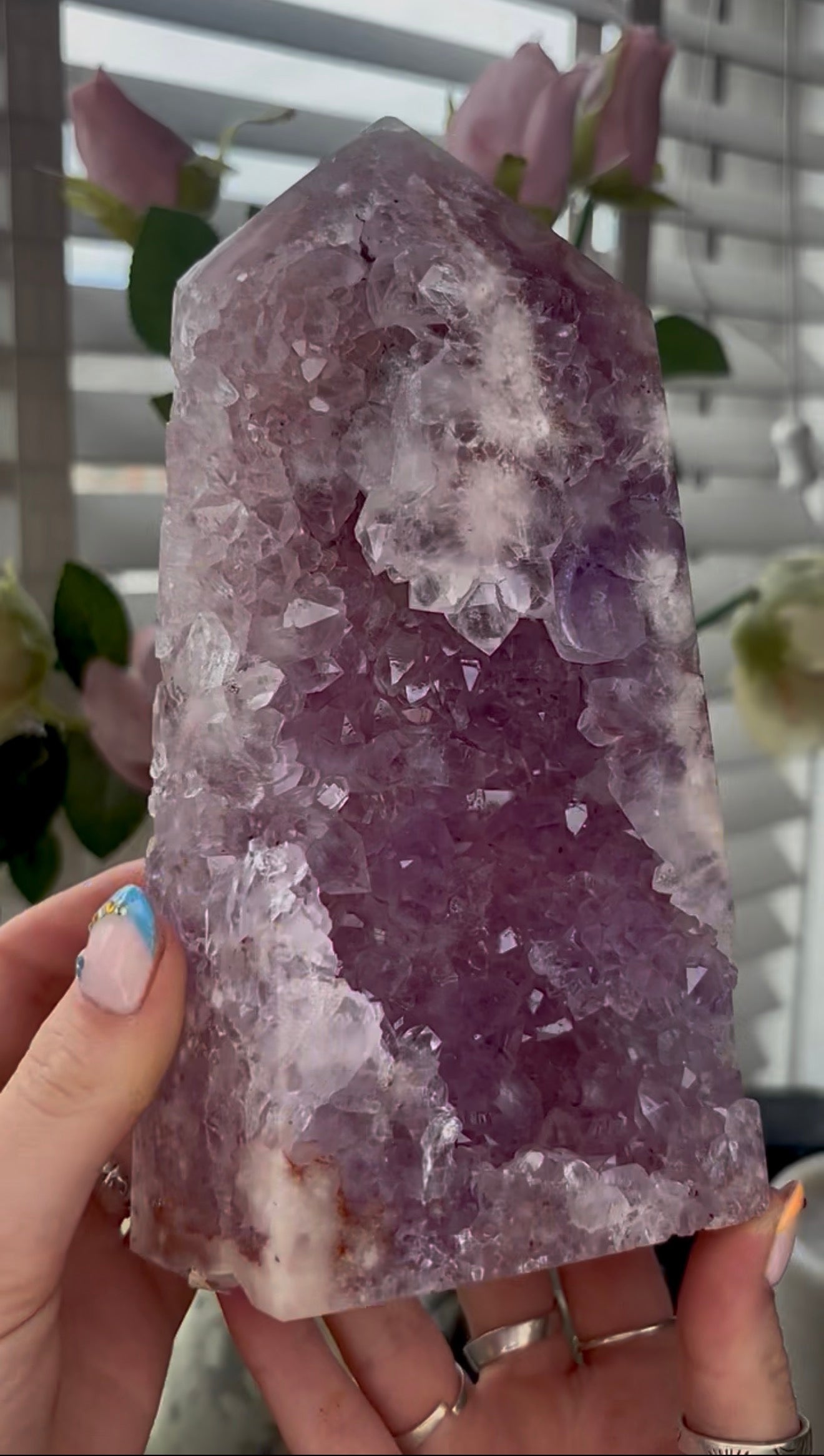 Beautiful, large, high quality, Pink amethyst tower with lilac tone quartz 20.5cm by 11cm