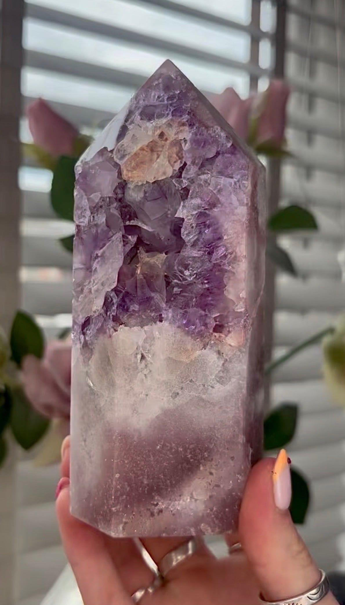 High quality, Pink amethyst tower, with purple quartz druzy