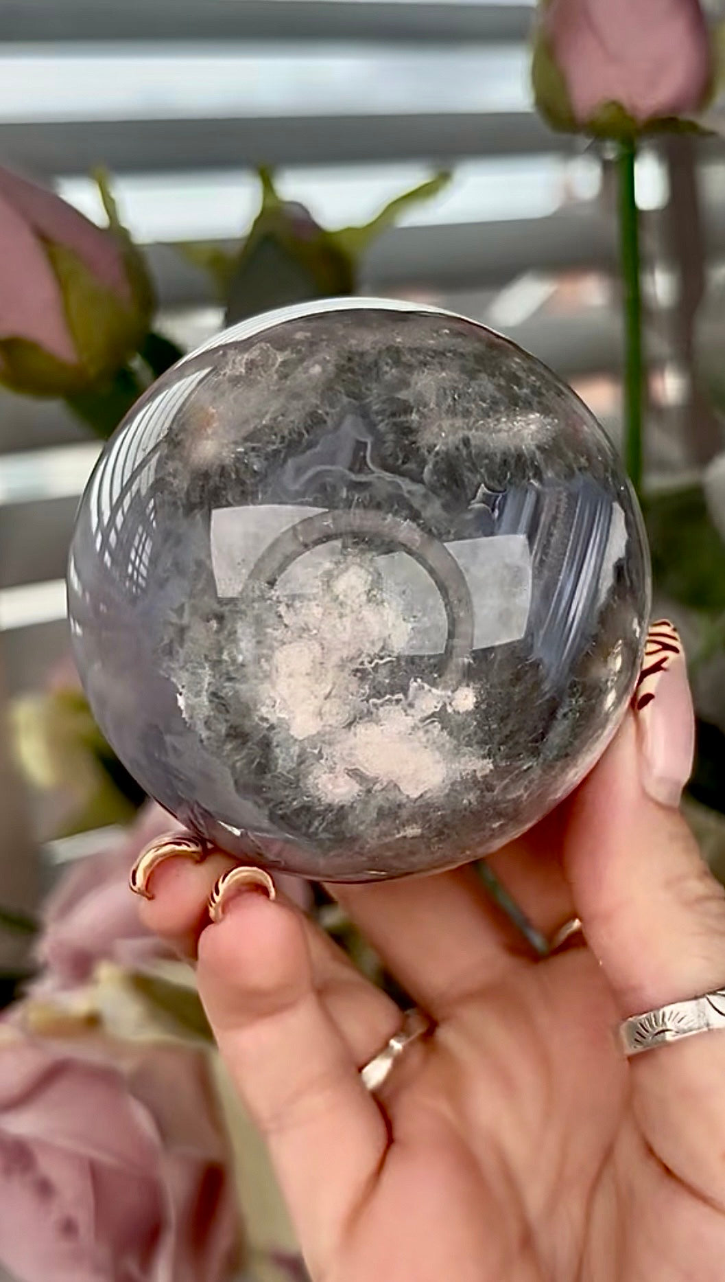 Stunning!! Super high quality, Druzy, green chlorite x blue flower agate sphere