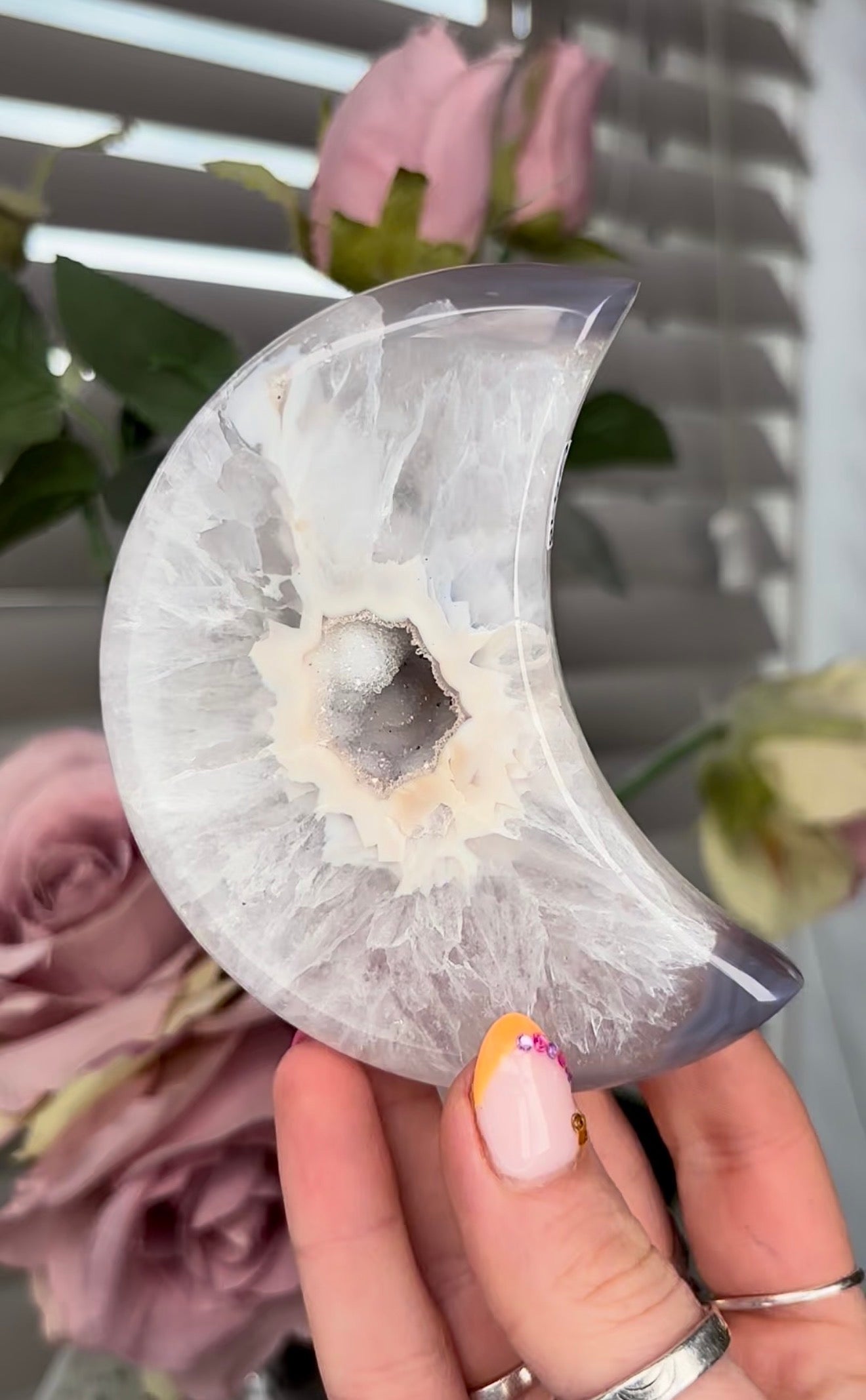 Beautiful, high grade, agate moon with druzy - comes with stand