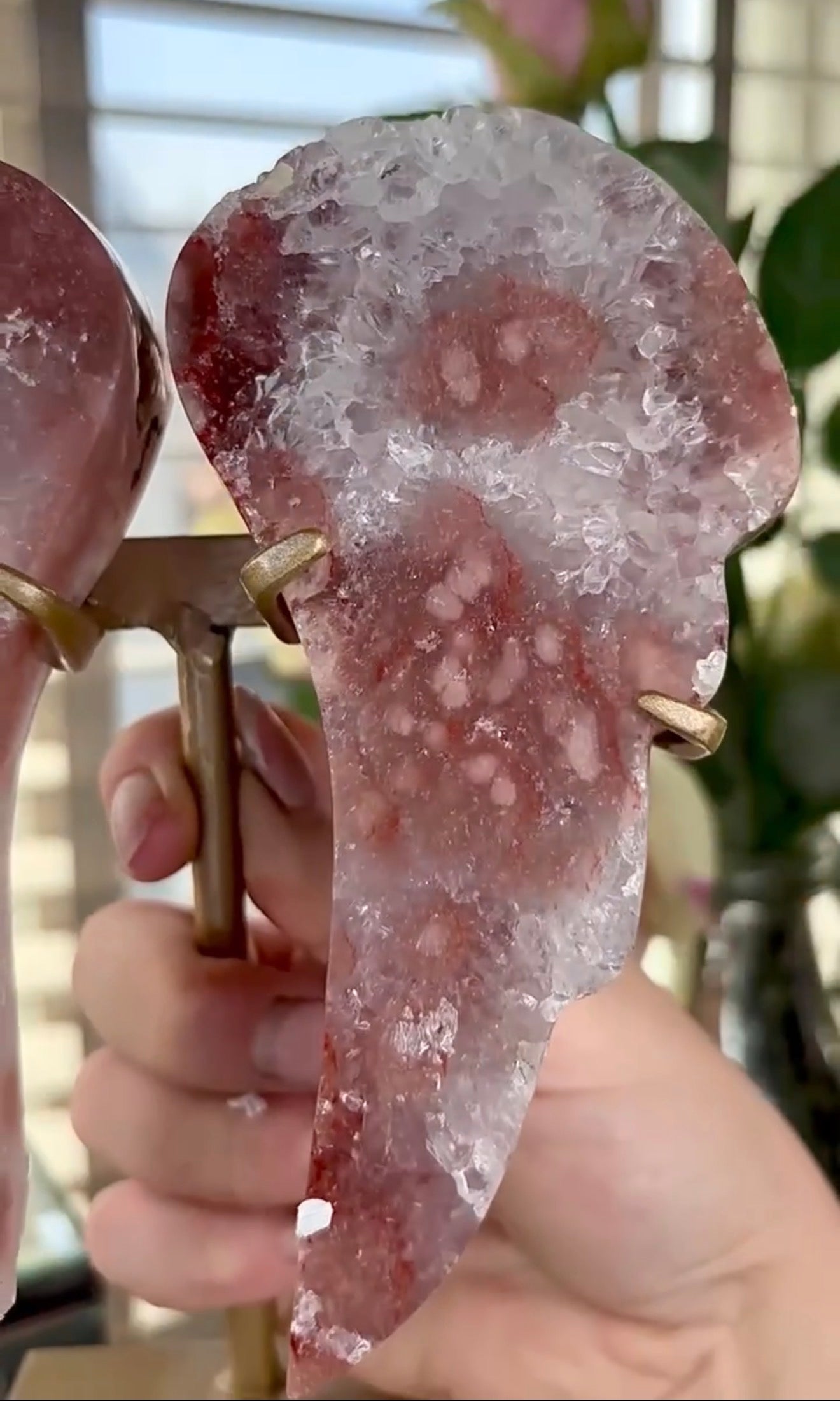 High quality, pink amethyst wings in reddish/deep pink tone - comes with stand