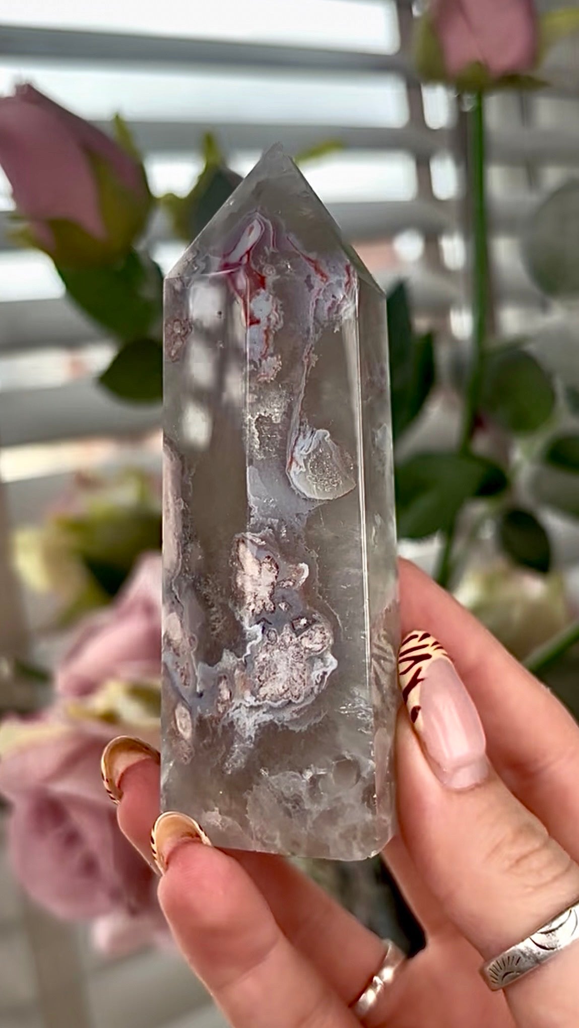 Stunning!! Super high quality, Druzy, green chlorite x blue flower agate tower