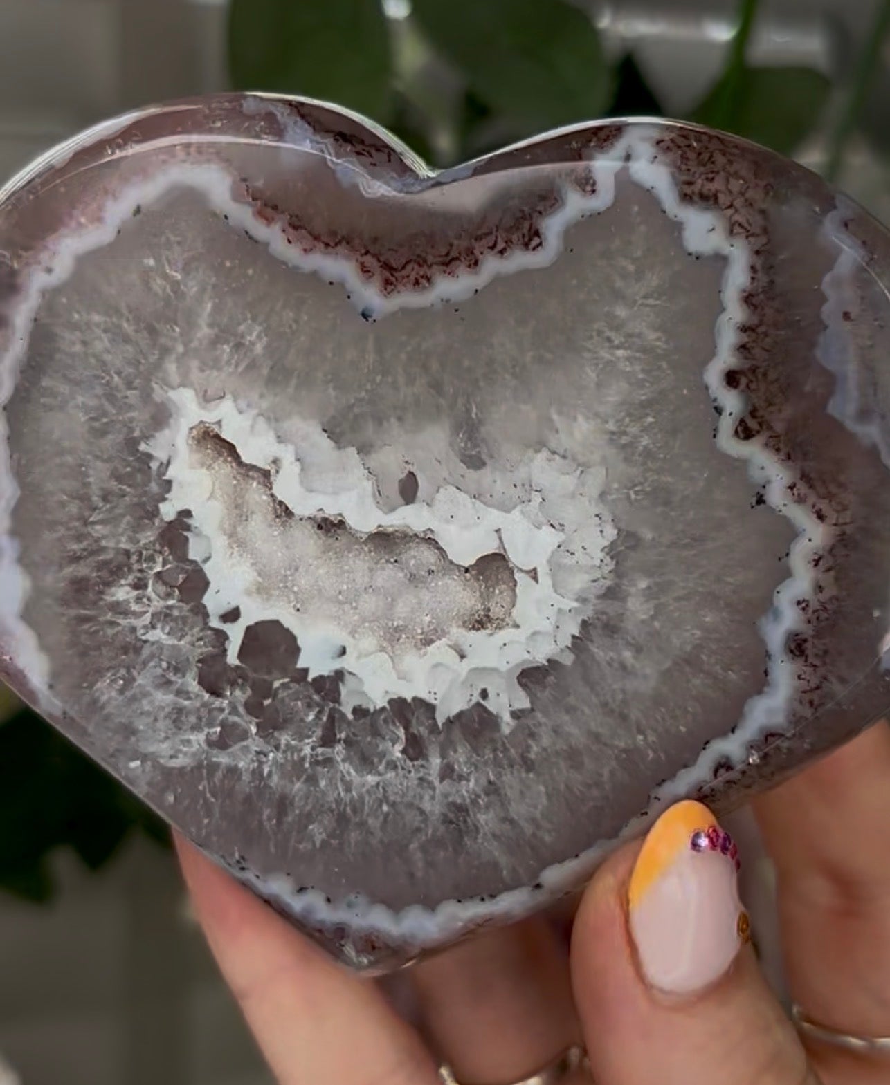 Beautiful, high grade, agate heart with druzy - comes with stand