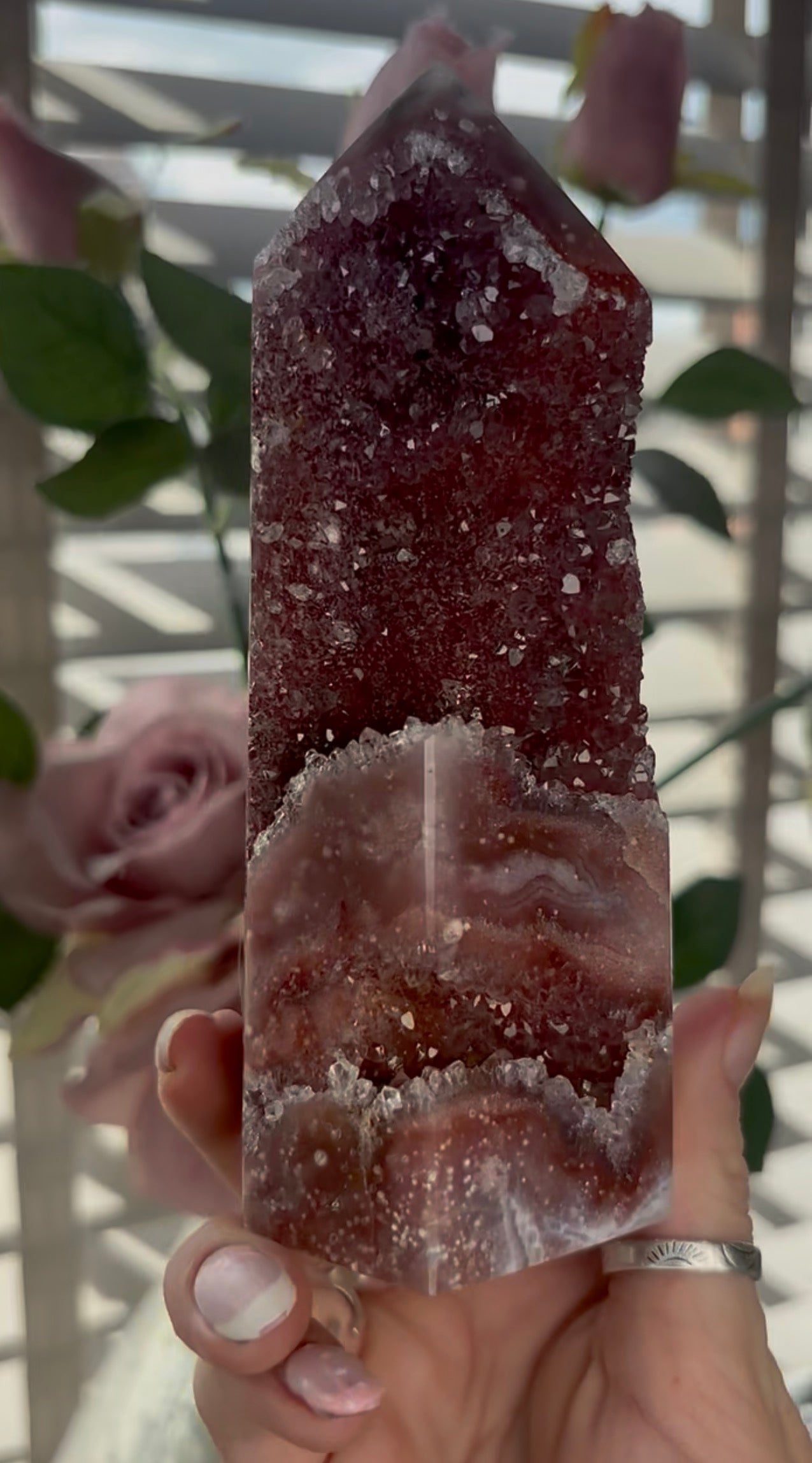 Incredible, high quality, Pink amethyst tower in red tones with sugar druzy