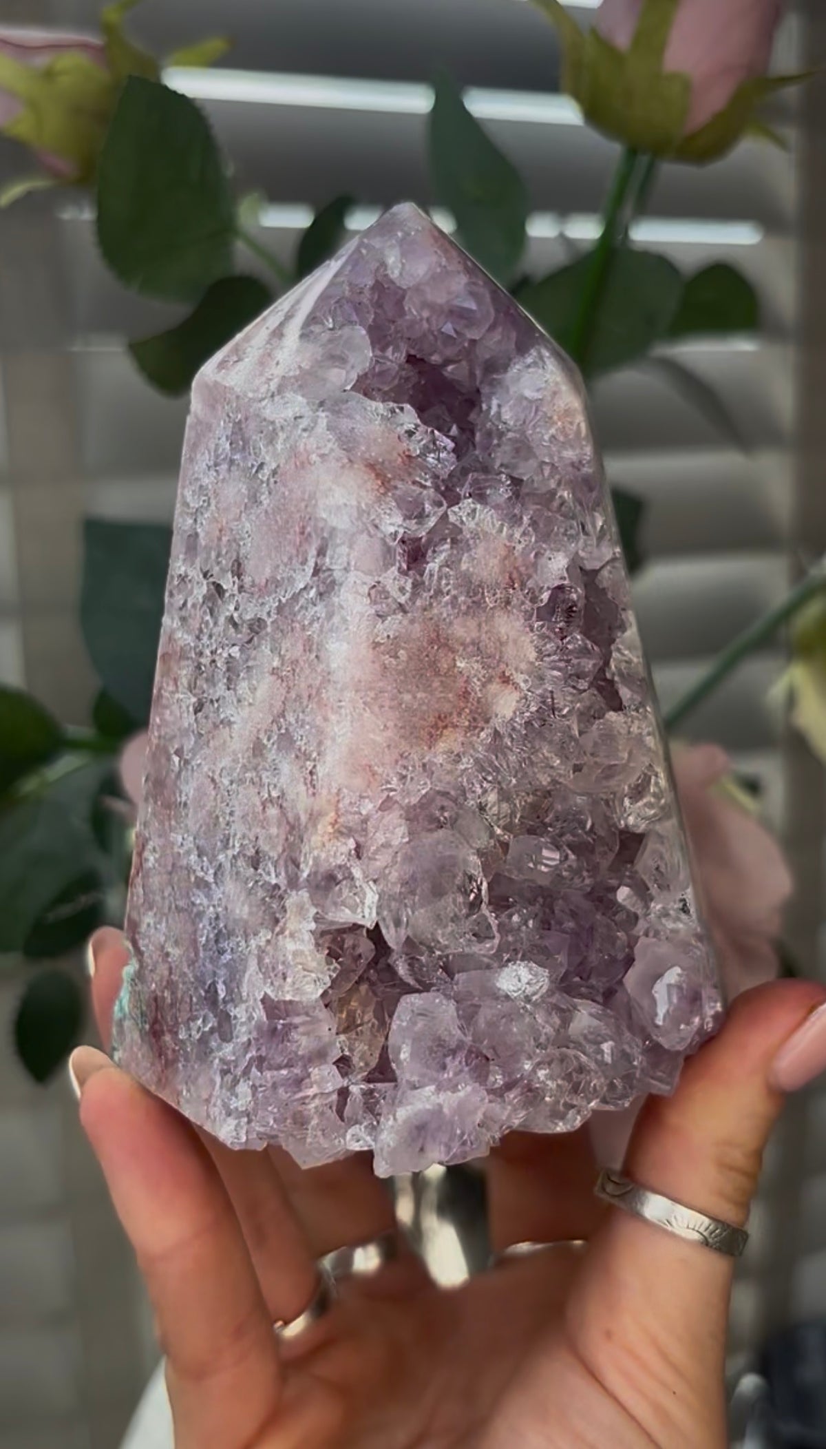 Beautiful, hq, druzy, chunky Pink amethyst tower 12cm(h) by 8.5cm(w)