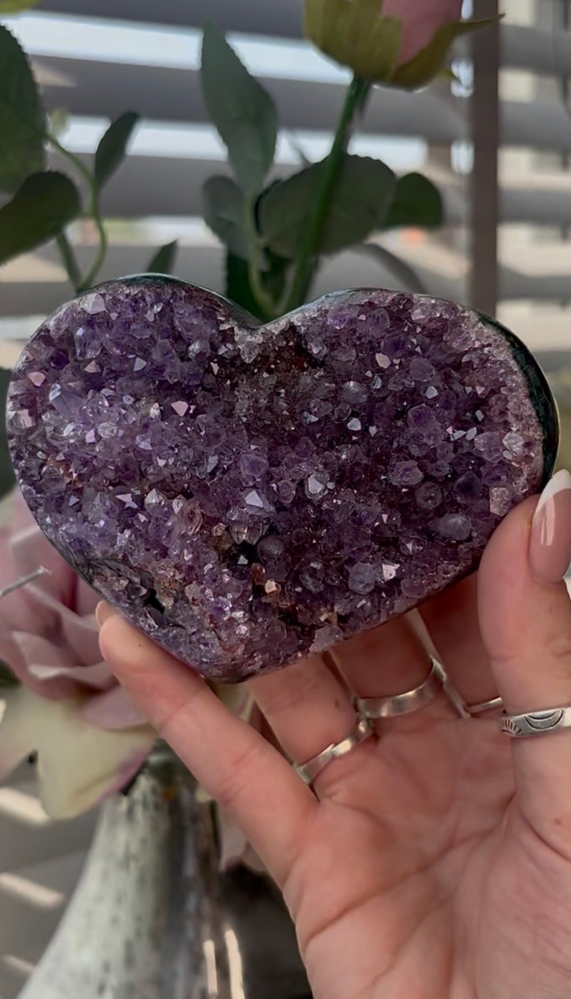 Gorgeous, high quality, pink amethyst heart with Jasper - comes with stand