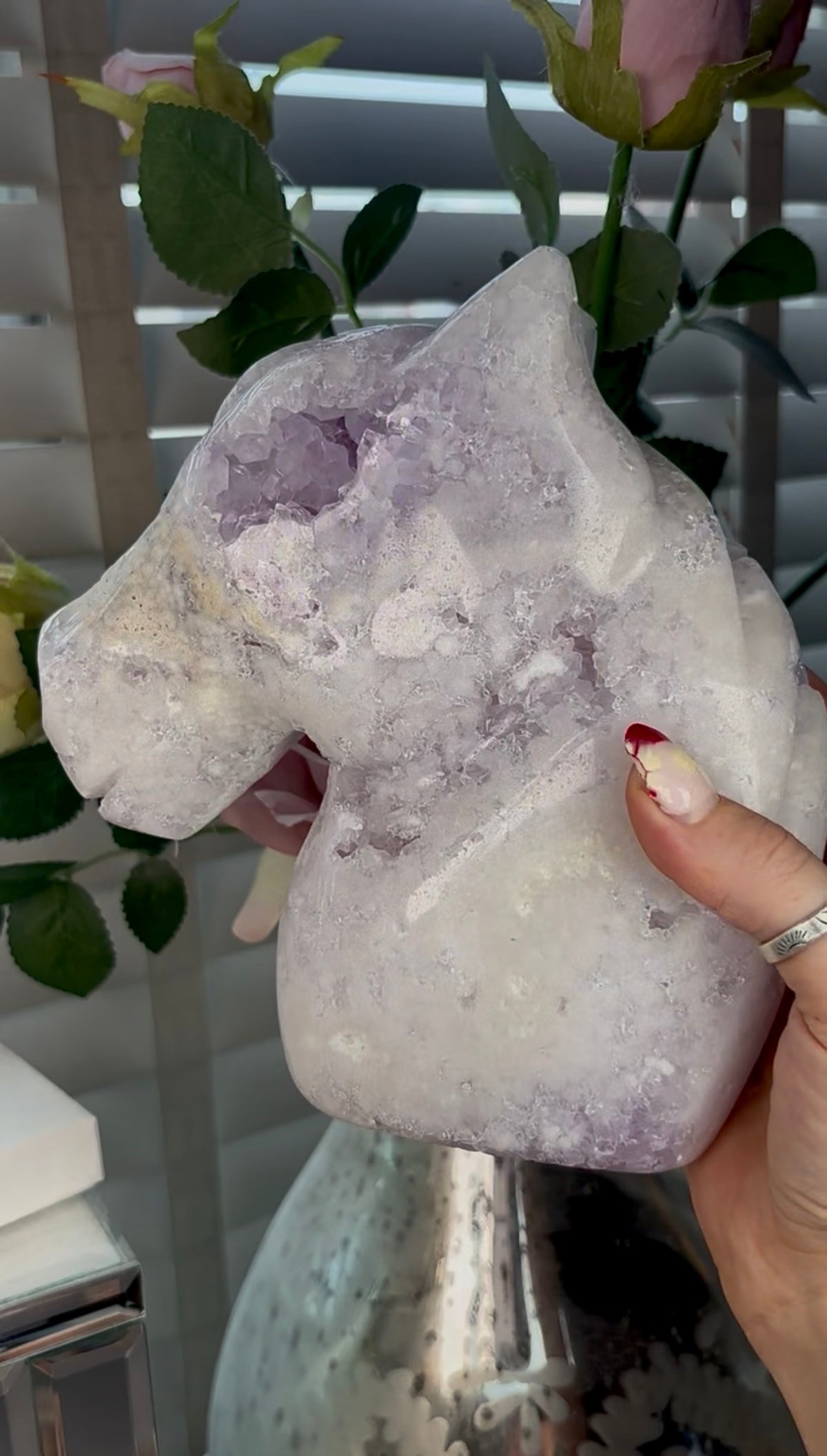 High grade, large, pink amethyst horse carving