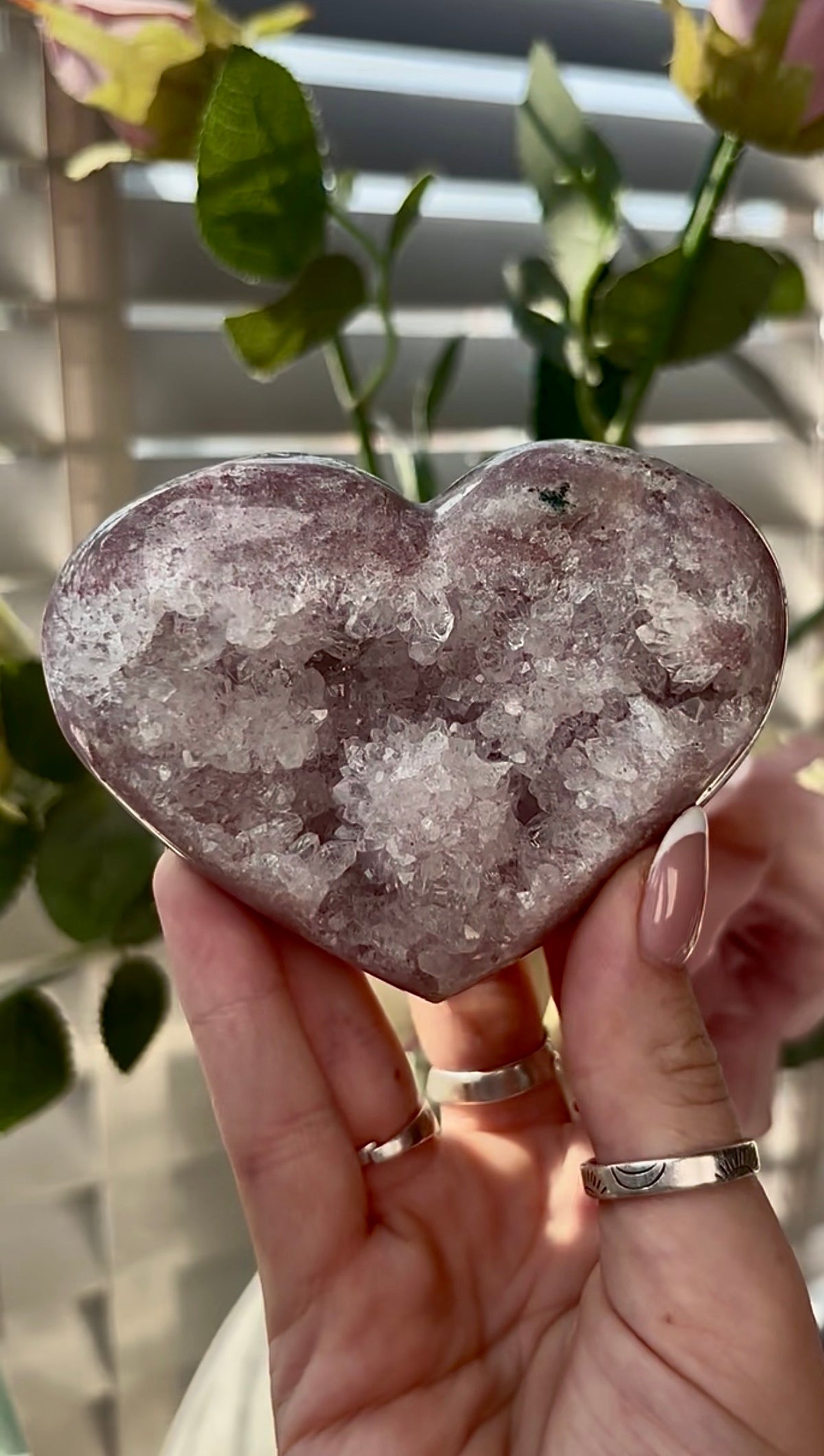 Gorgeous,  pink amethyst heart- comes with stand