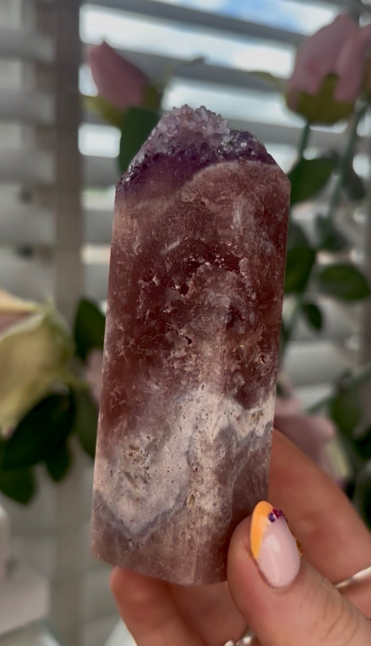 Pink amethyst tower with druzy