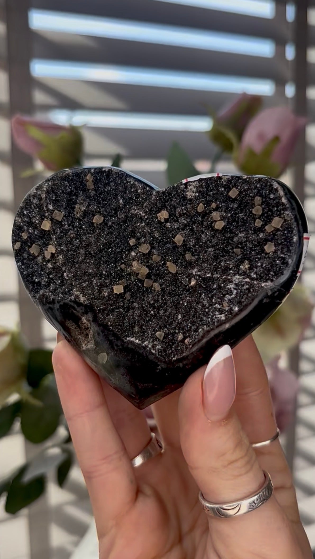 Black Uruguay amethyst heart with calcite - comes with stand