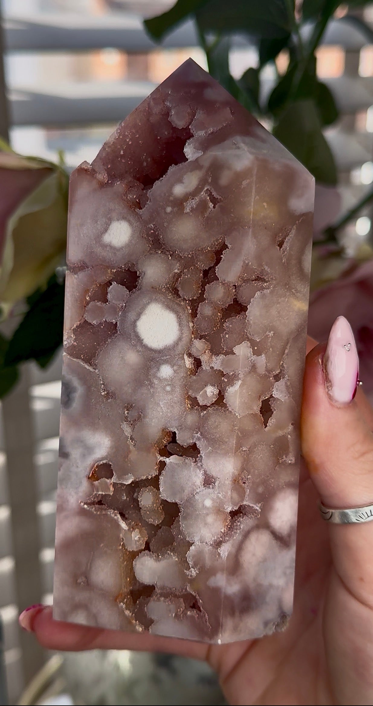 High quality Pink amethyst tower with bubble druzy