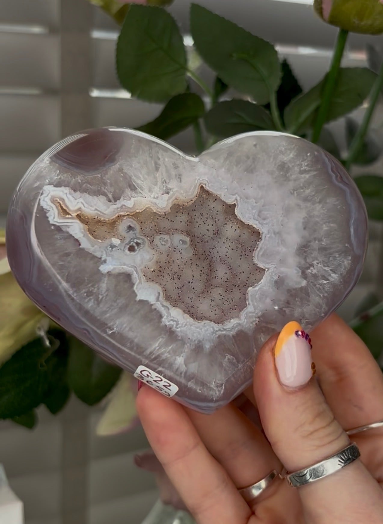 Beautiful, high grade, agate heart with druzy - comes with stand