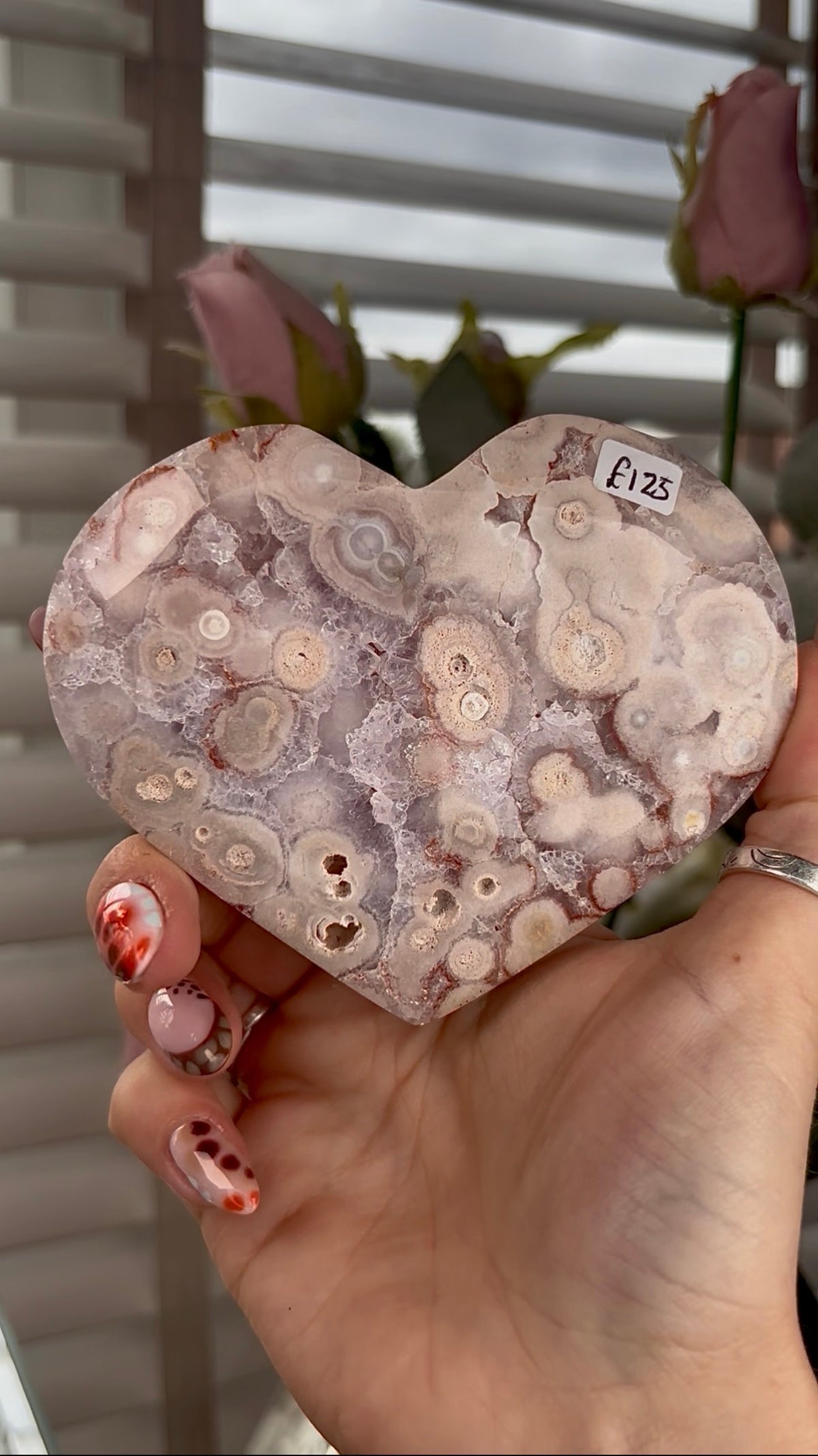 High grade, amethyst Flower agate heart with high clarity quartz