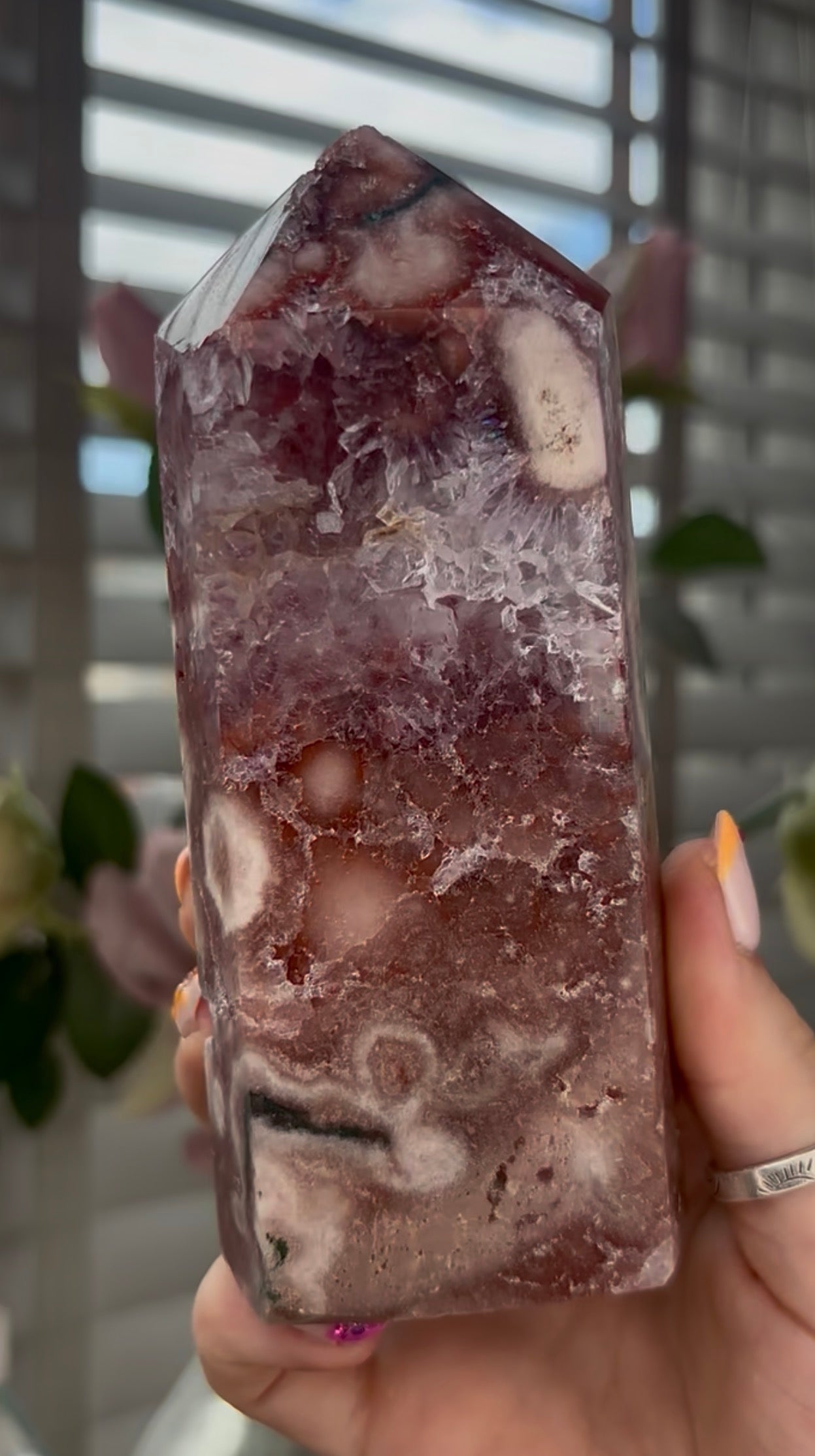 Beautiful, high quality, Pink amethyst tower with Green jasper