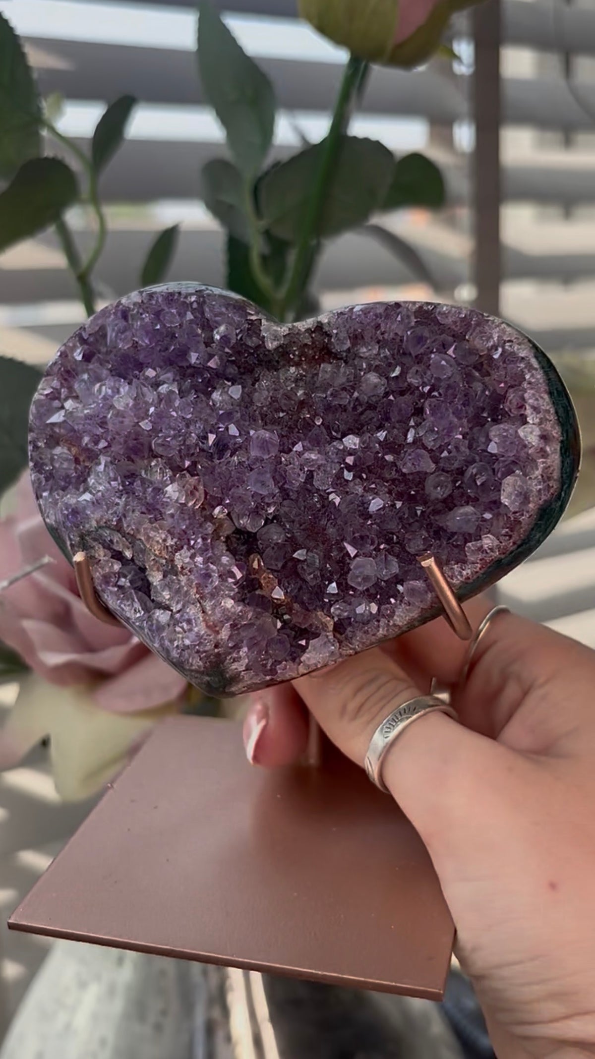 Gorgeous, high quality, pink amethyst heart with Jasper - comes with stand