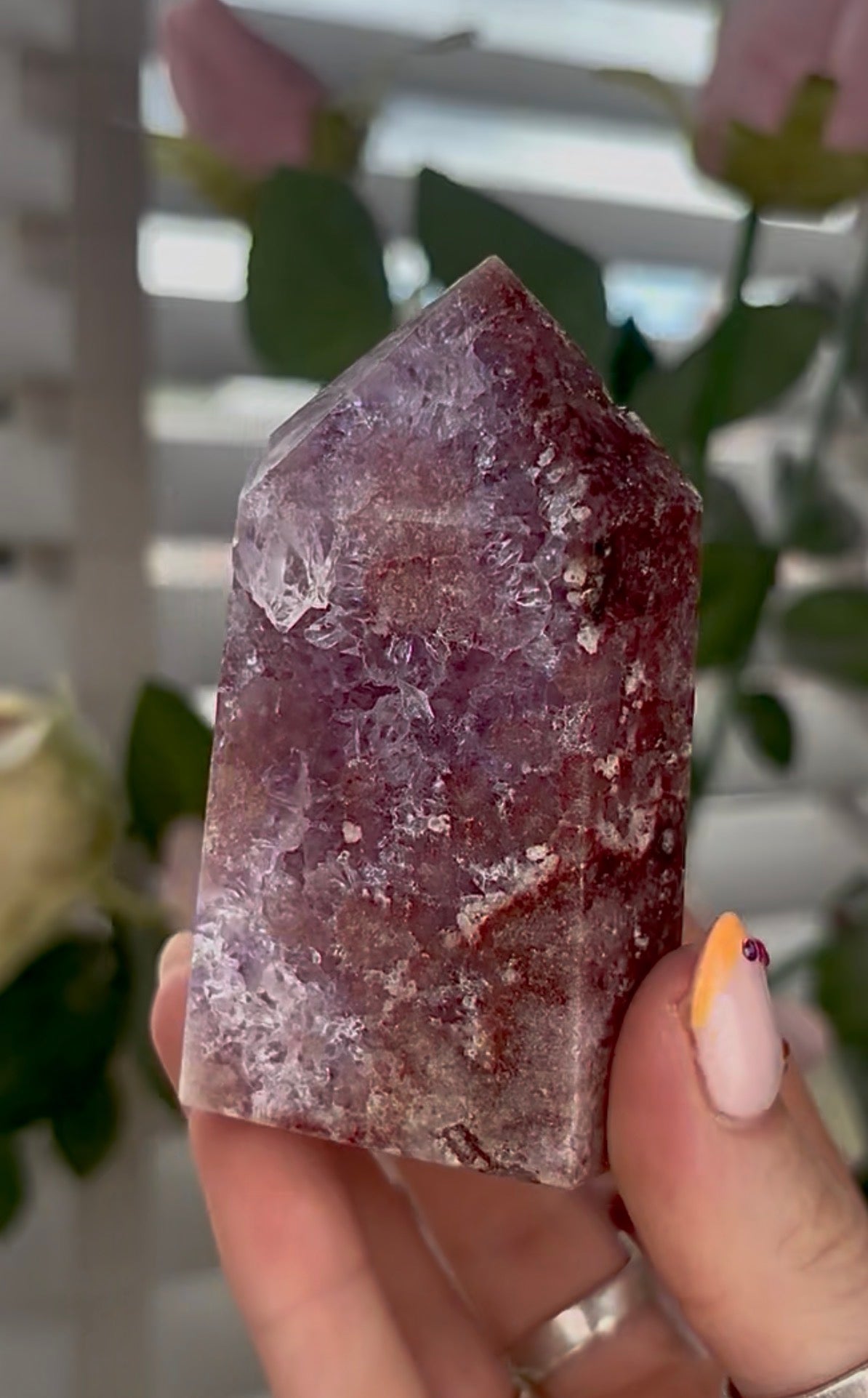 Pretty, high quality, Pink amethyst tower, with lilac quartz druzy