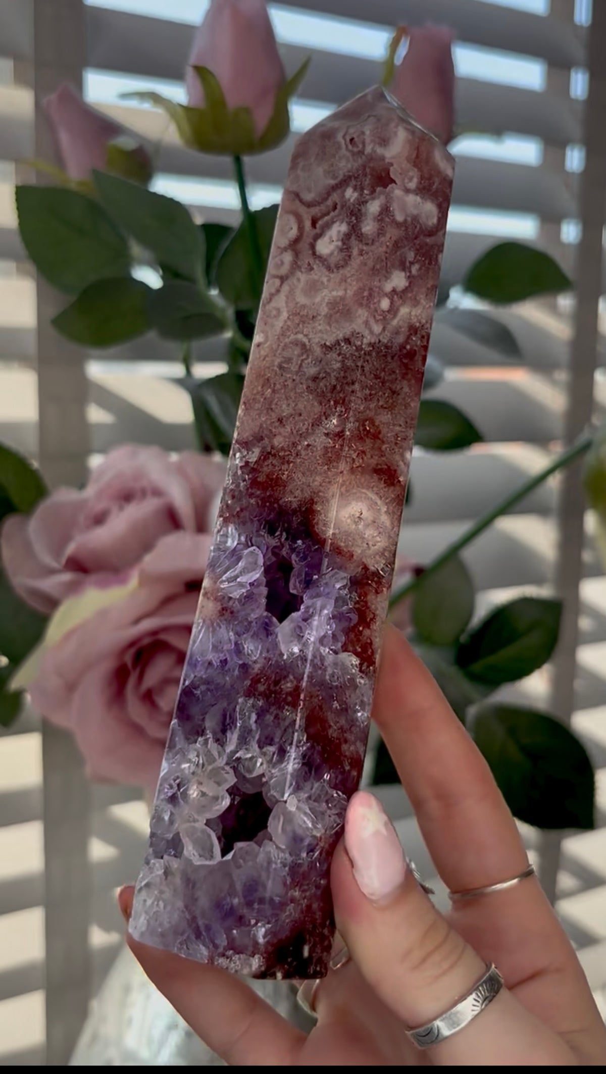 Beautiful, high quality, tall, Pink amethyst tower with purple quartz & red hematite - 20cm