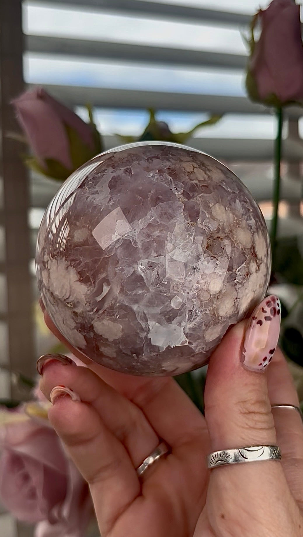amethyst Flower agate sphere with high clarity quartz - 7.5cm