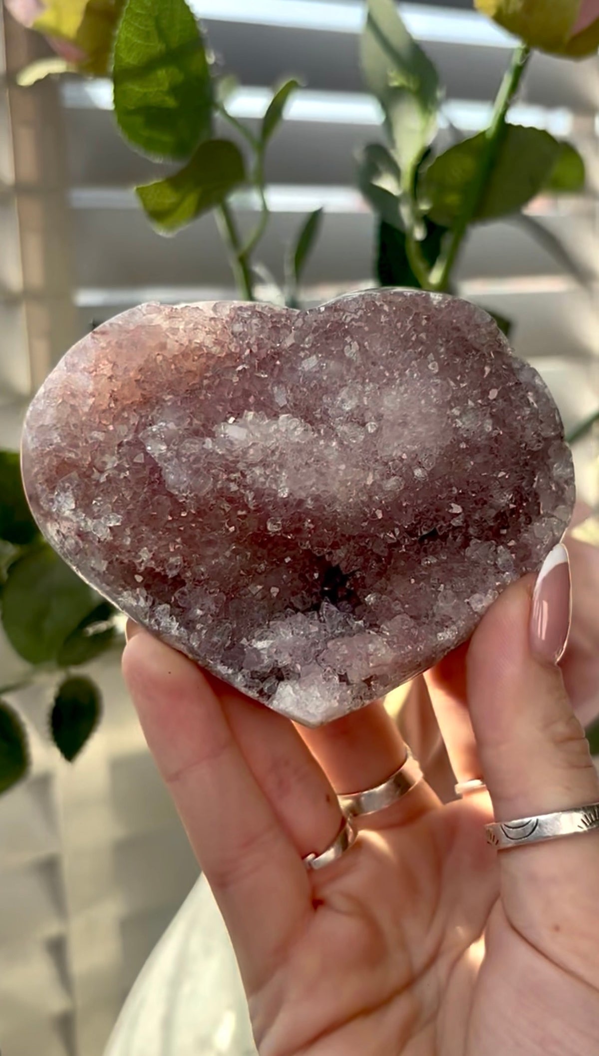 Gorgeous, hq, druzy pink amethyst heart- comes with stand