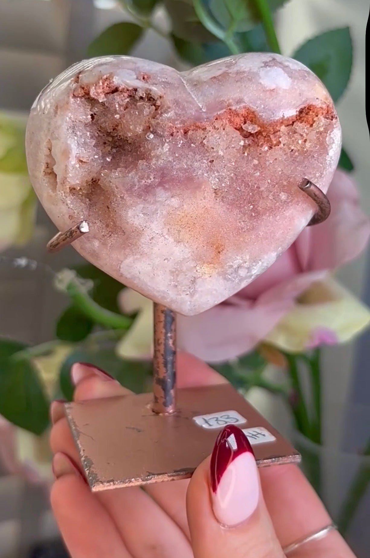 pink amethyst heart - comes with stand