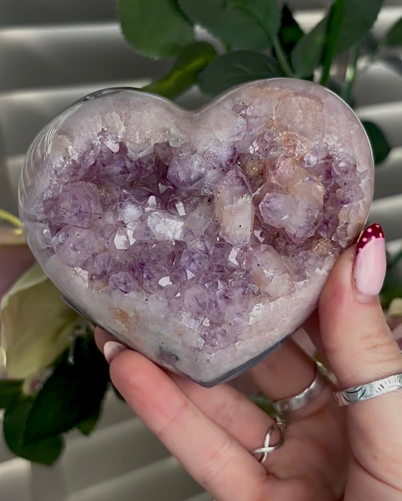 Gorgeous pink amethyst heart with agate and chunky bubble gum Druze  - comes with stand