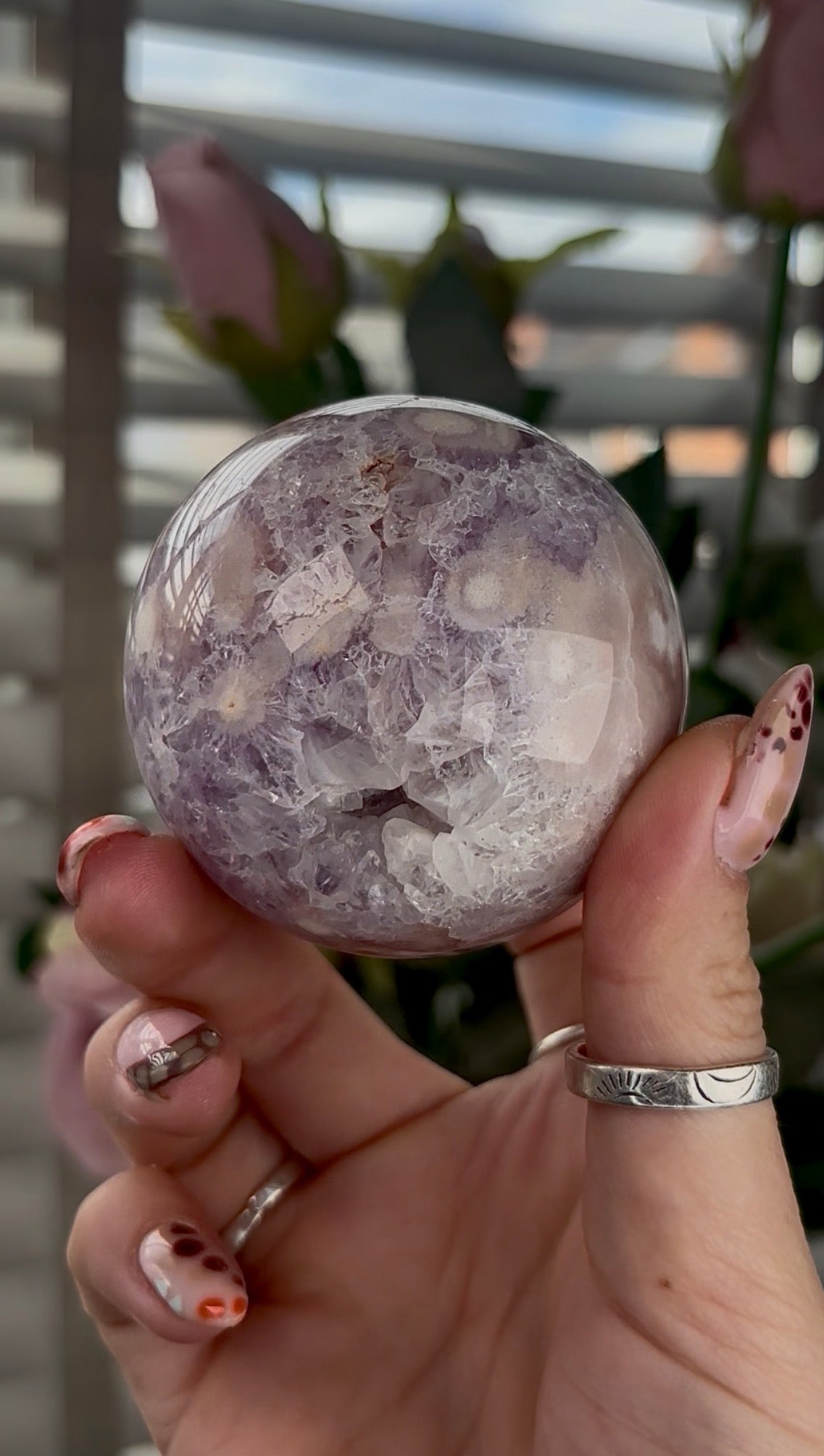 High grade, amethyst Flower agate sphere with druzy quartz