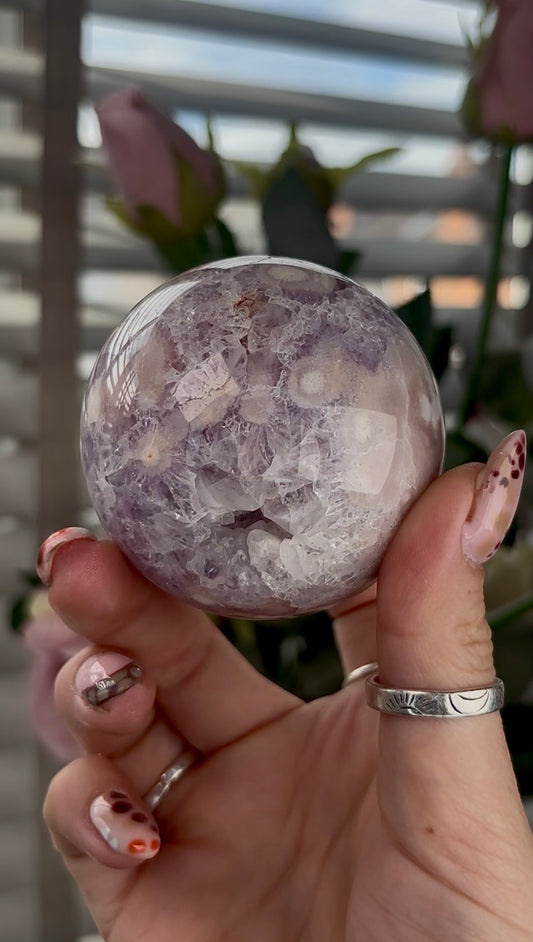High grade, amethyst Flower agate sphere with druzy quartz
