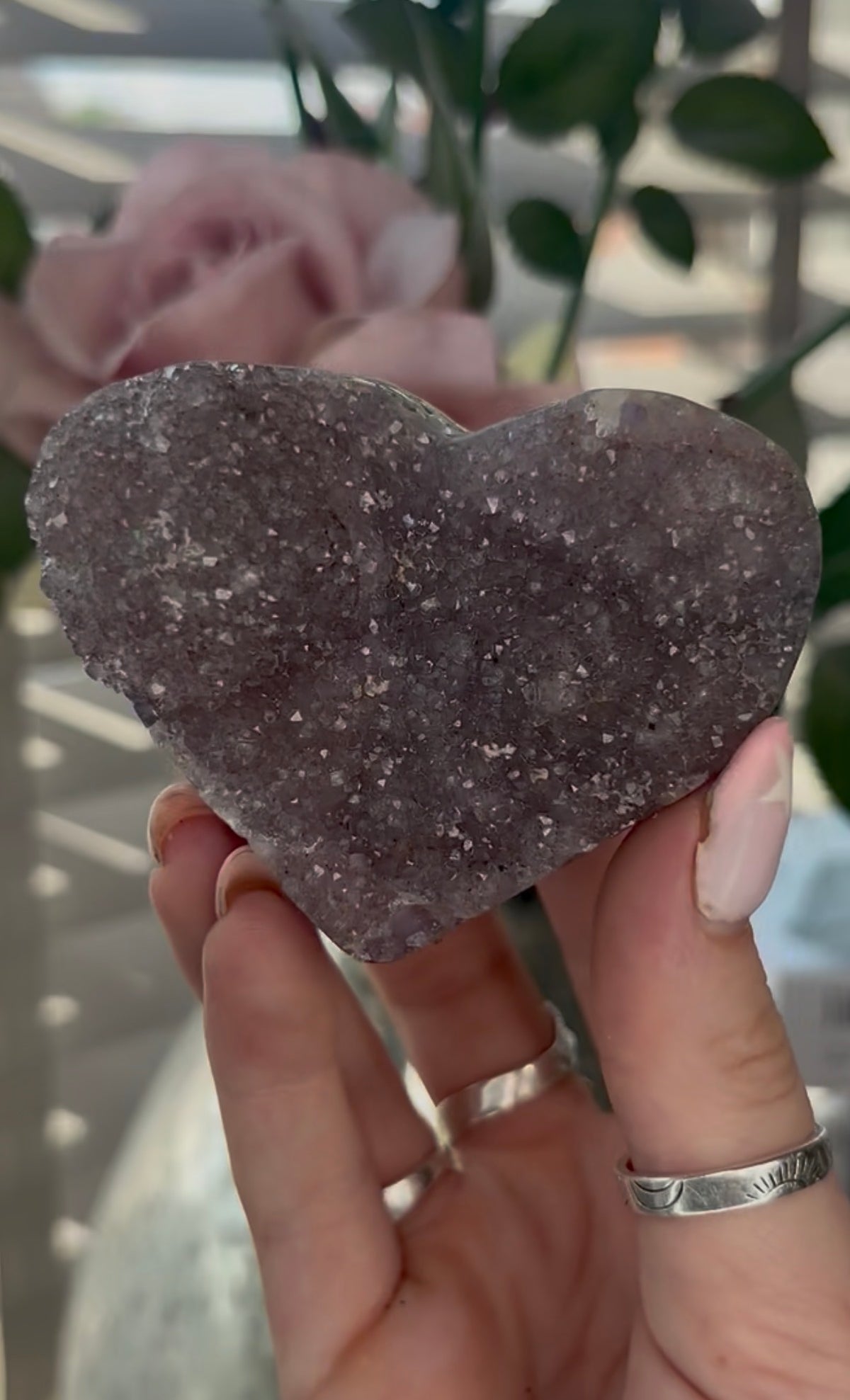 Uruguay, rainbow amethyst heart - comes with stand in lilac tones