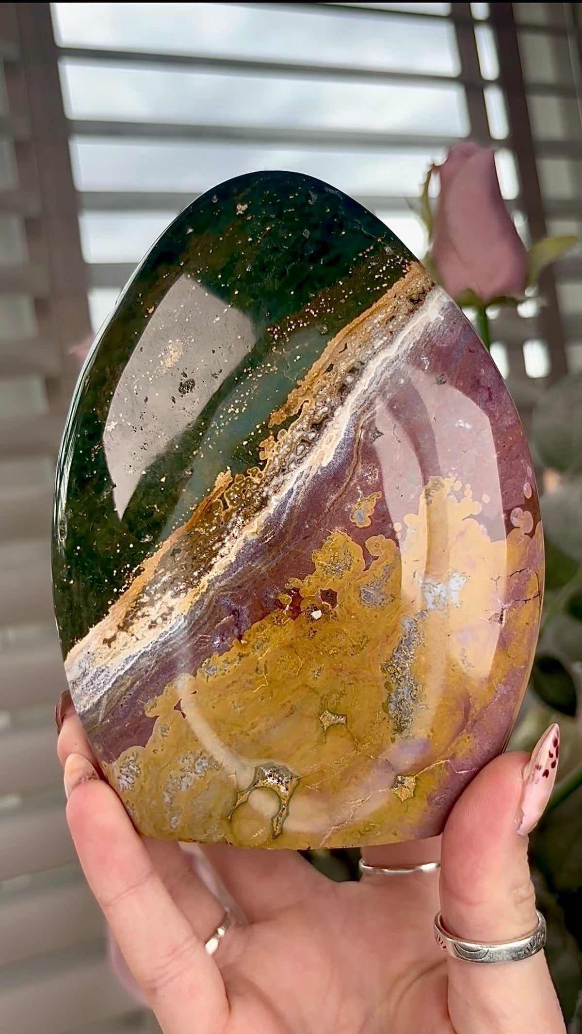 High quality, purple, mustard & green ocean jasper Freeform 13.5cm(h) 10cm(w)