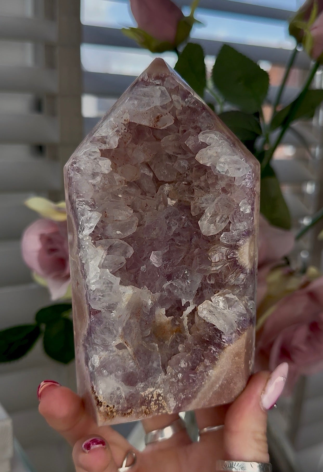Pink amethyst tower with quartz 14cm(h) 7cm(w)