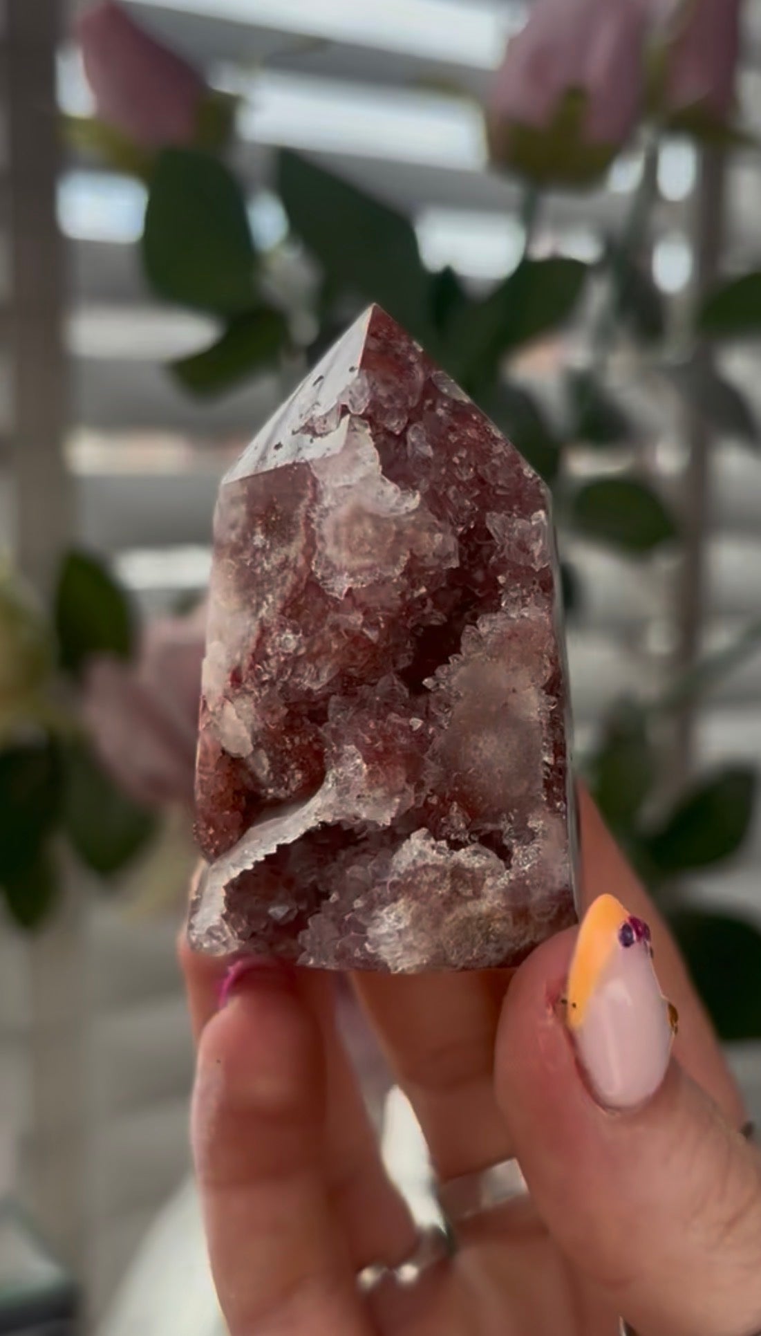 Small, High quality, Pink amethyst tower, with druzy