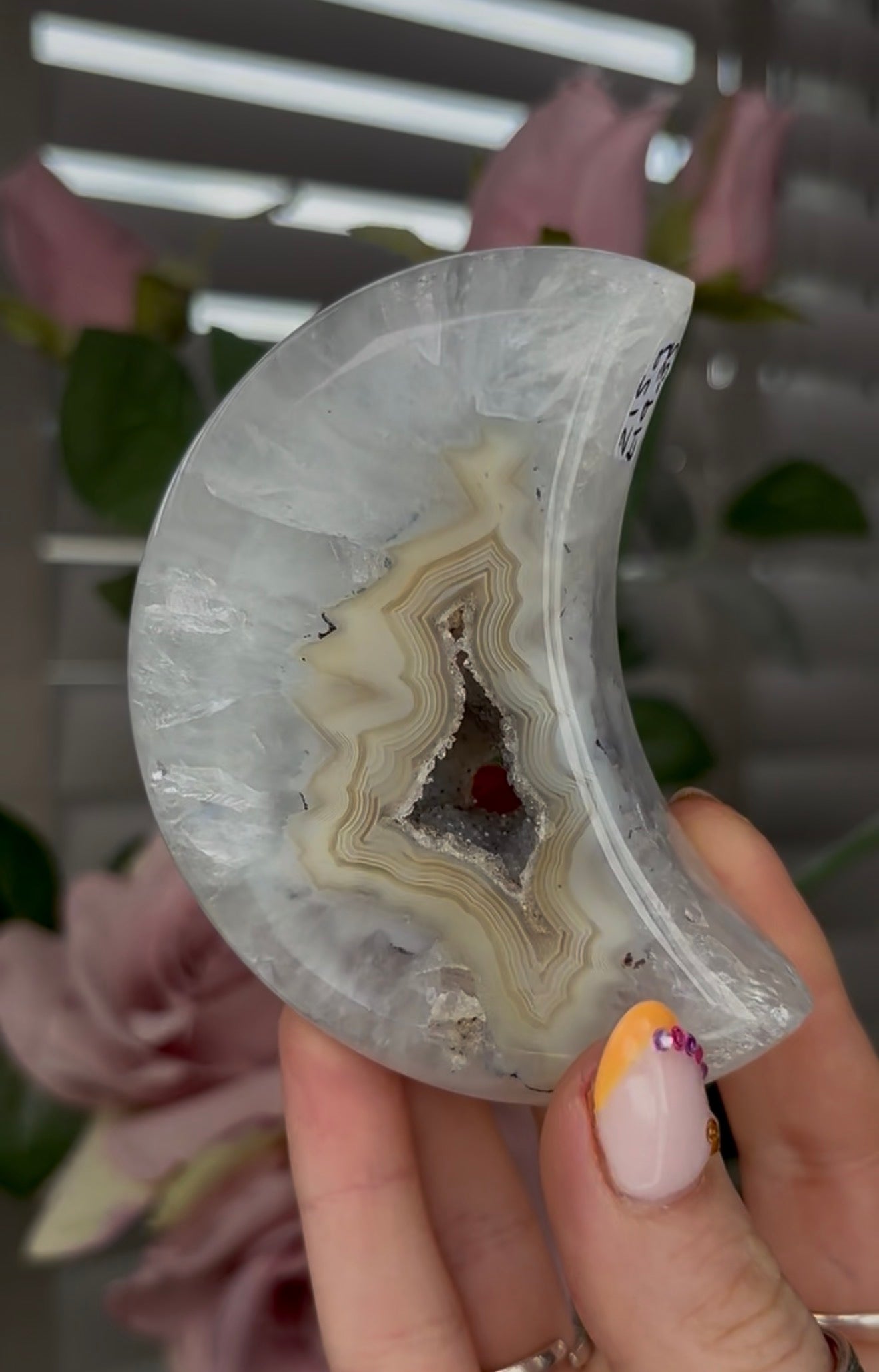 Beautiful, agate moon with druzy - comes with stand