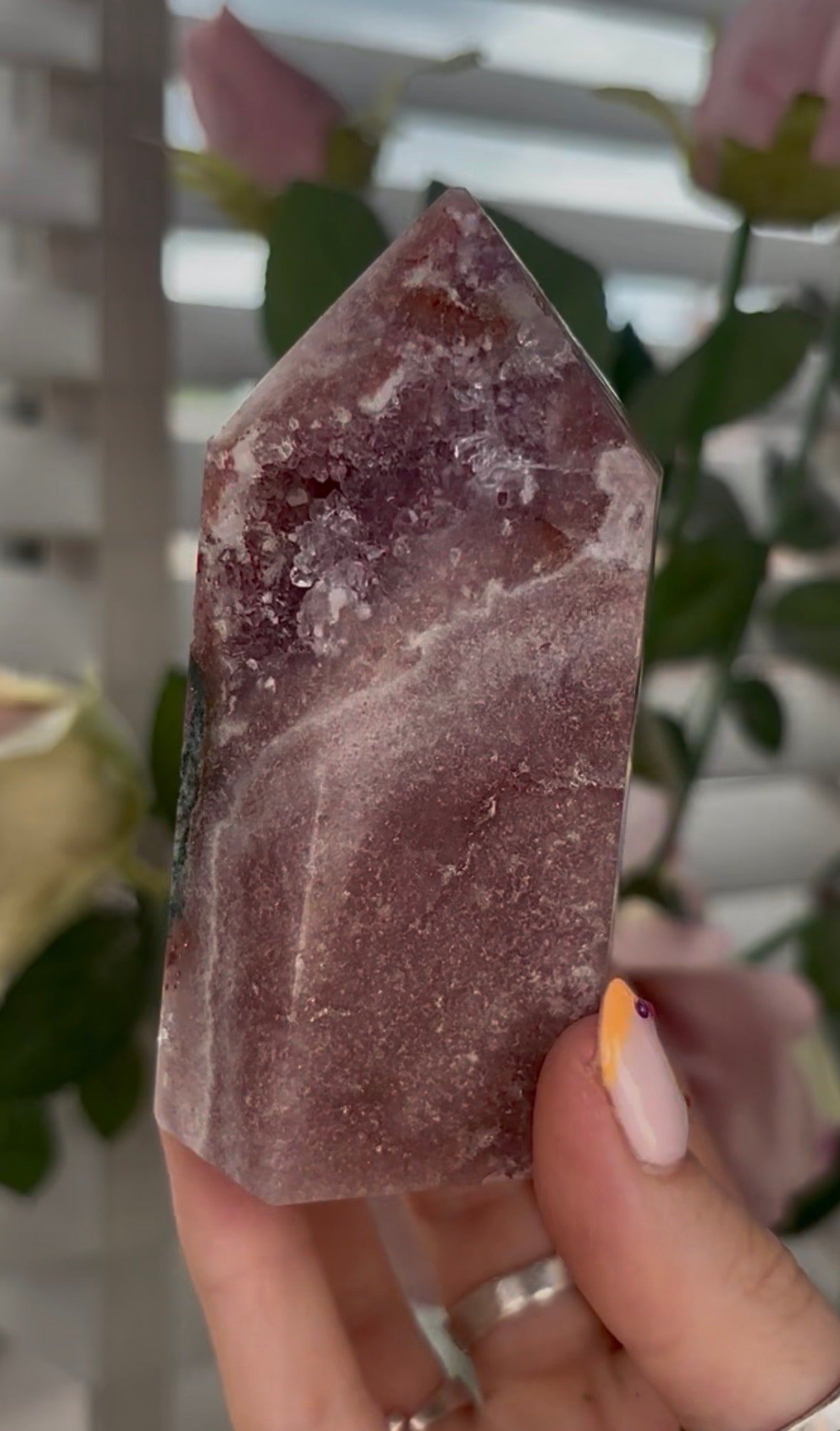Pretty, Pink amethyst tower, with Green jasper