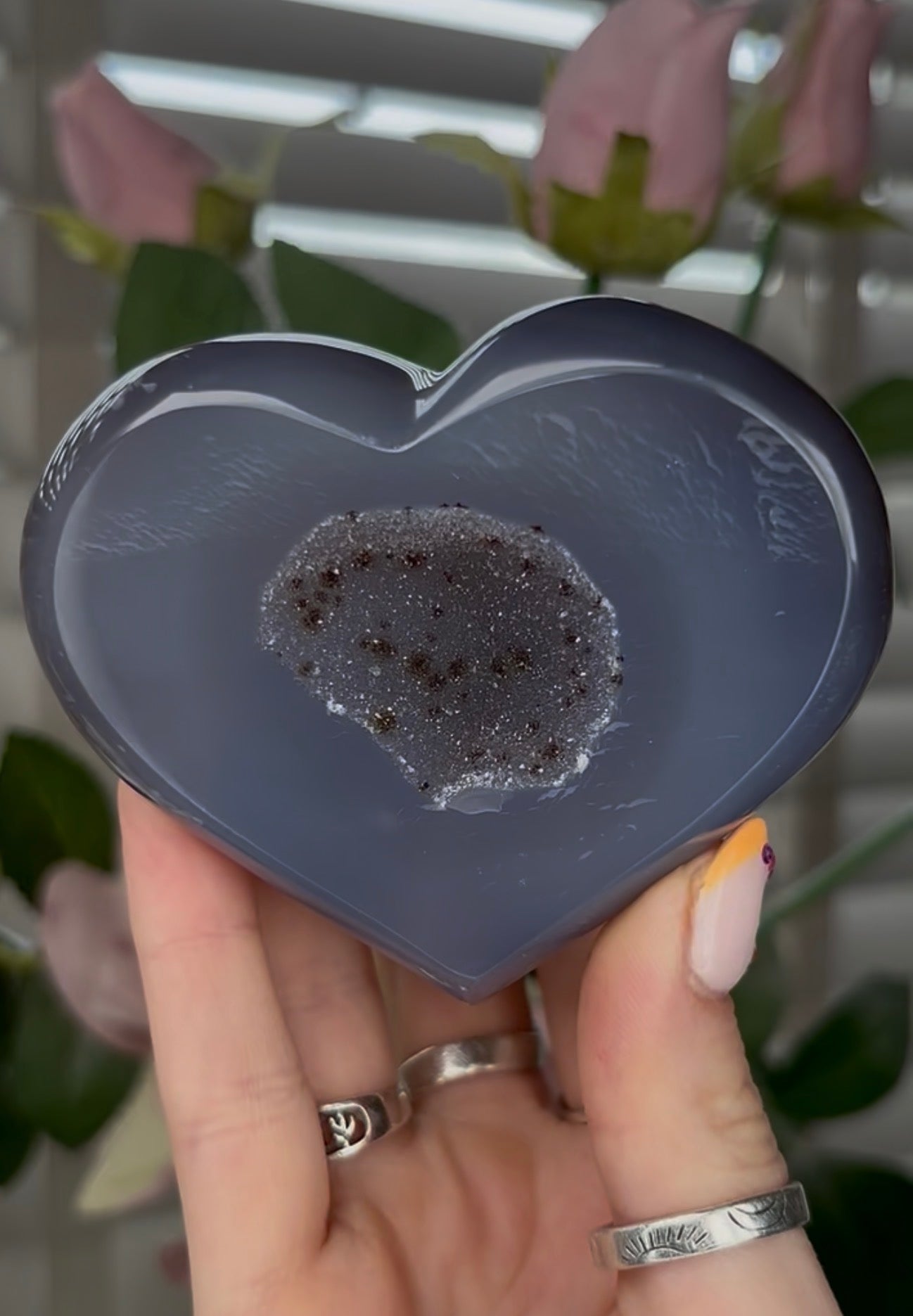 Beautiful, high grade, blue agate heart with druzy - comes with stand