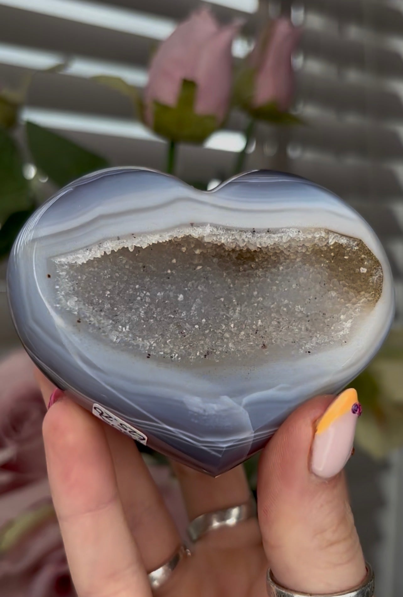 Beautiful, high grade, blue agate heart with druzy - comes with stand