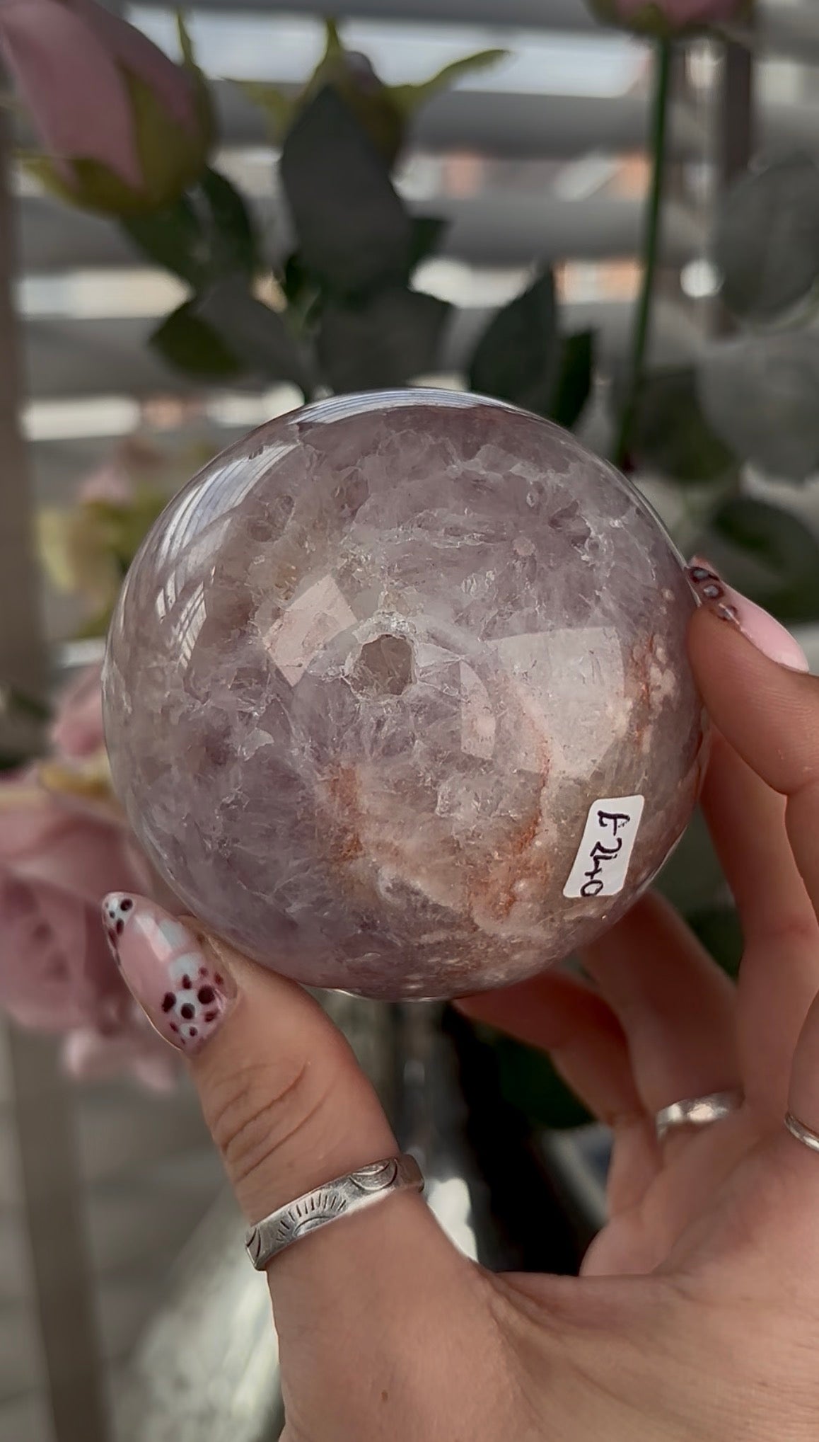 High grade, amethyst Flower agate sphere with high clarity quartz