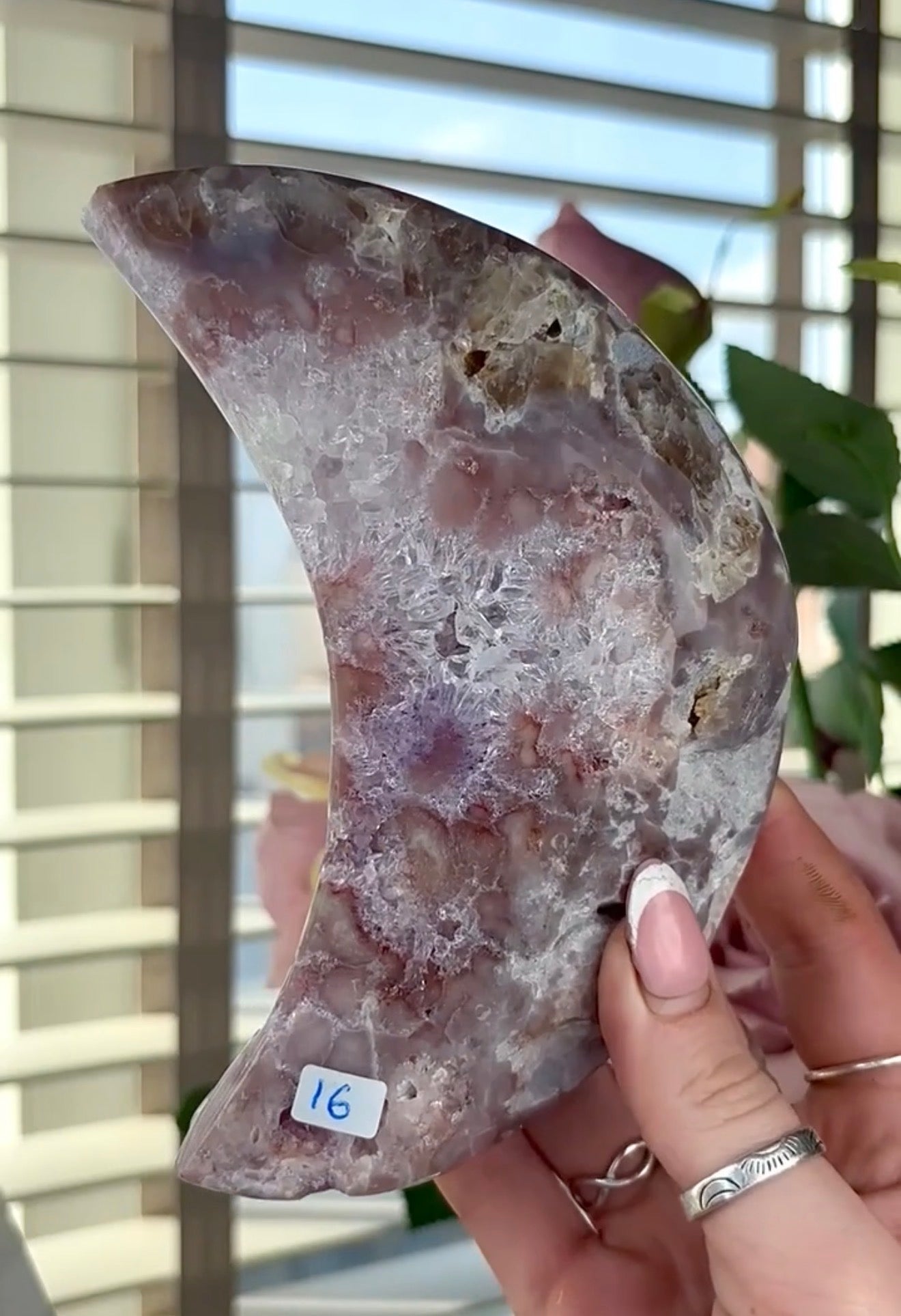 High grade, pink amethyst moon with quartz - comes with stand