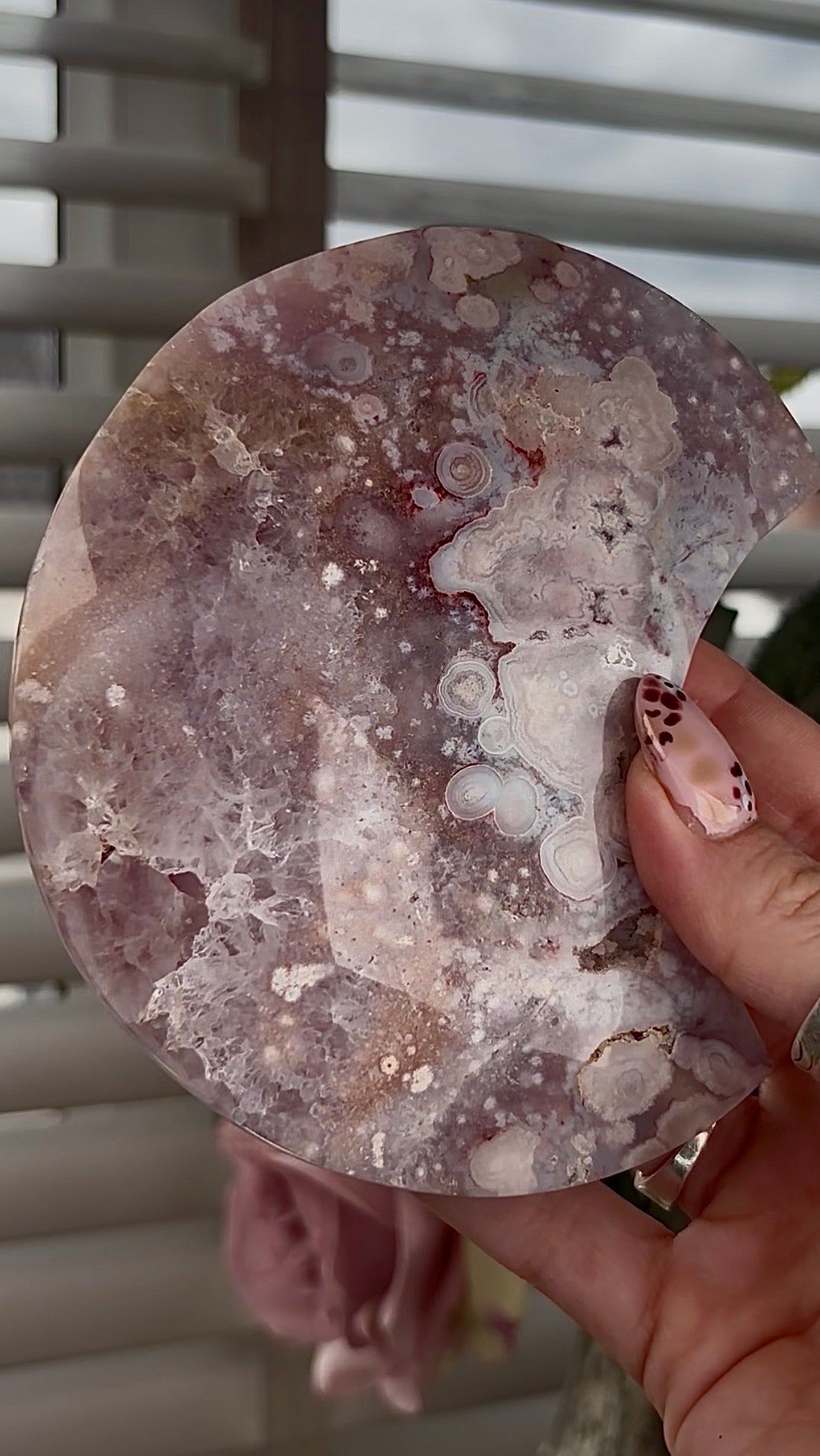 High grade, amethyst Flower agate moon with high clarity quartz