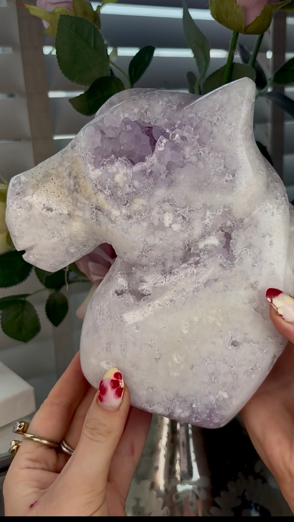 High grade, large, pink amethyst horse carving