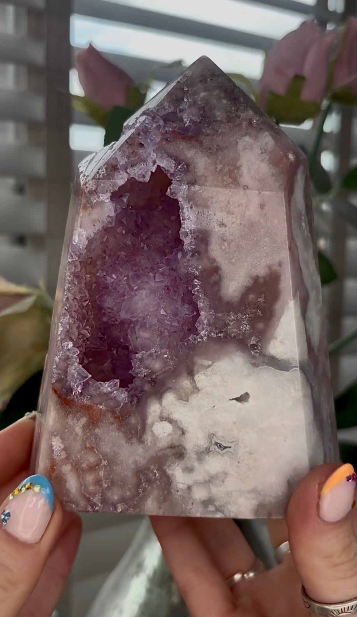 Huge, Beautiful, Pink amethyst tower with purple quartz druzy