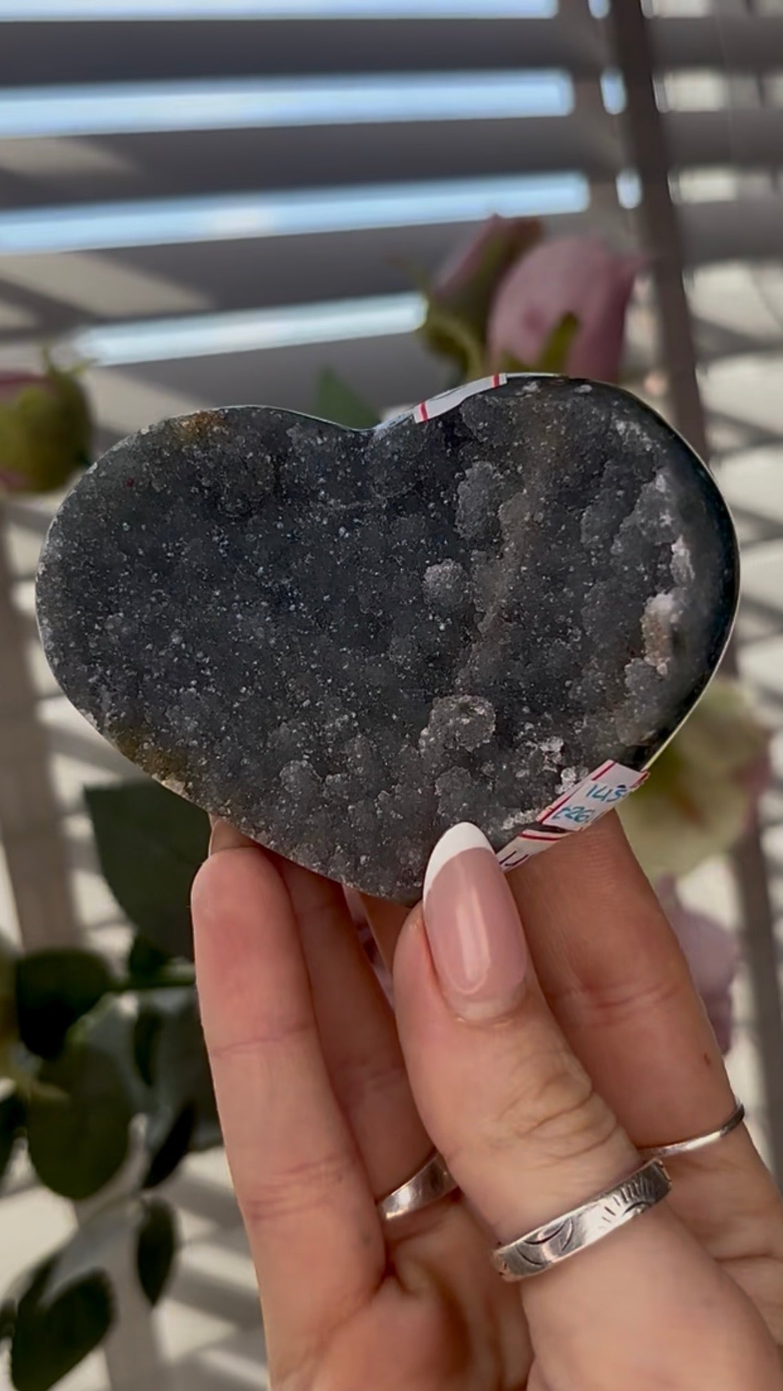 Uruguay, rainbow amethyst heart in dark grey tones - comes with stand