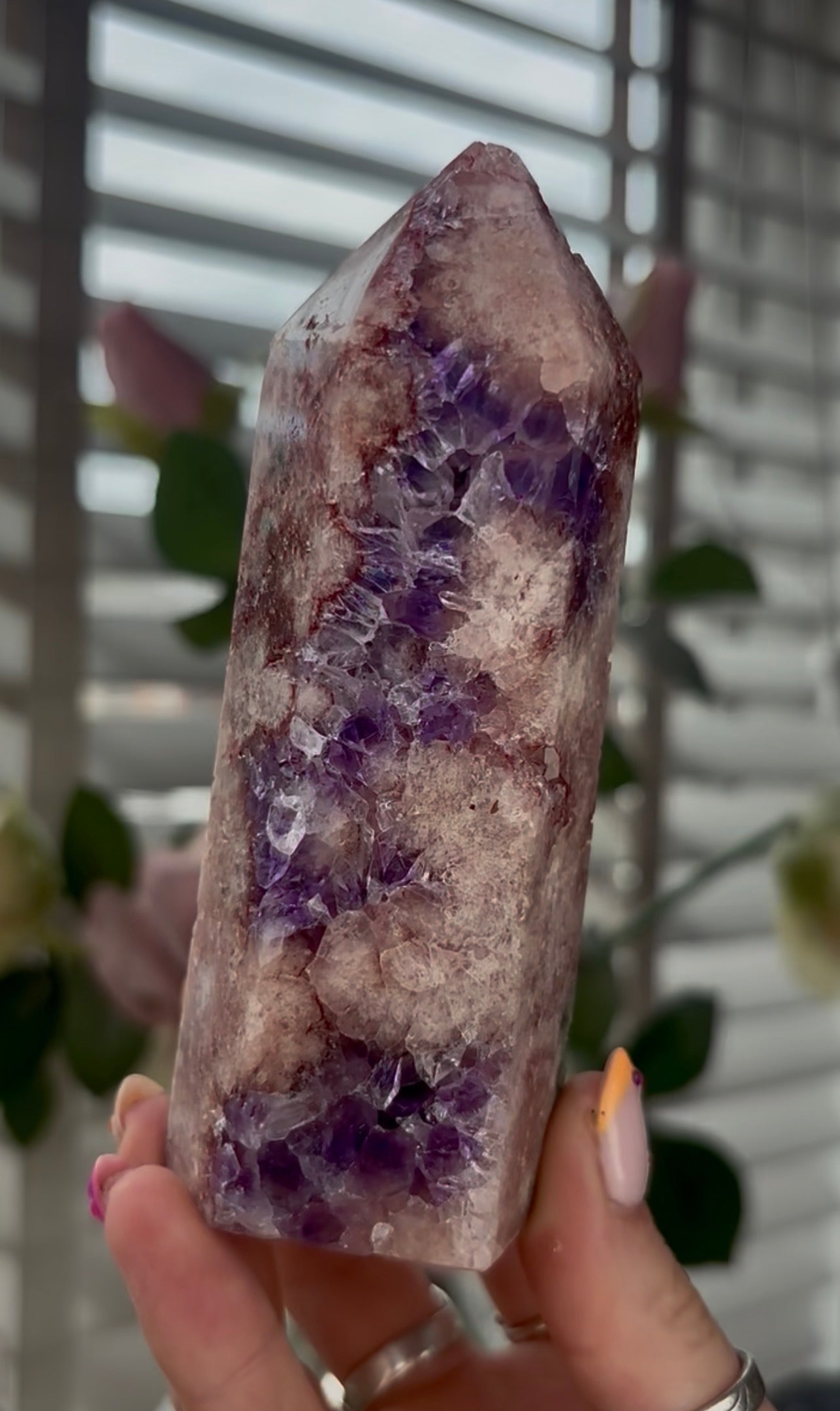 High quality, Pink amethyst tower, with purple quartz druzy