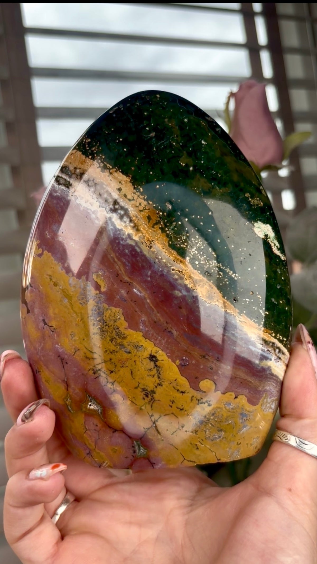 High quality, purple, mustard & green ocean jasper Freeform 13.5cm(h) 10cm(w)