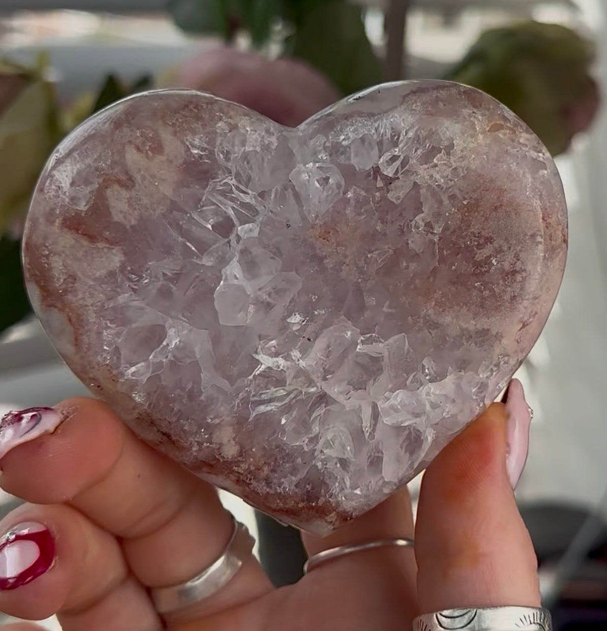 Hq pink amethyst heart with quartz - comes with stand